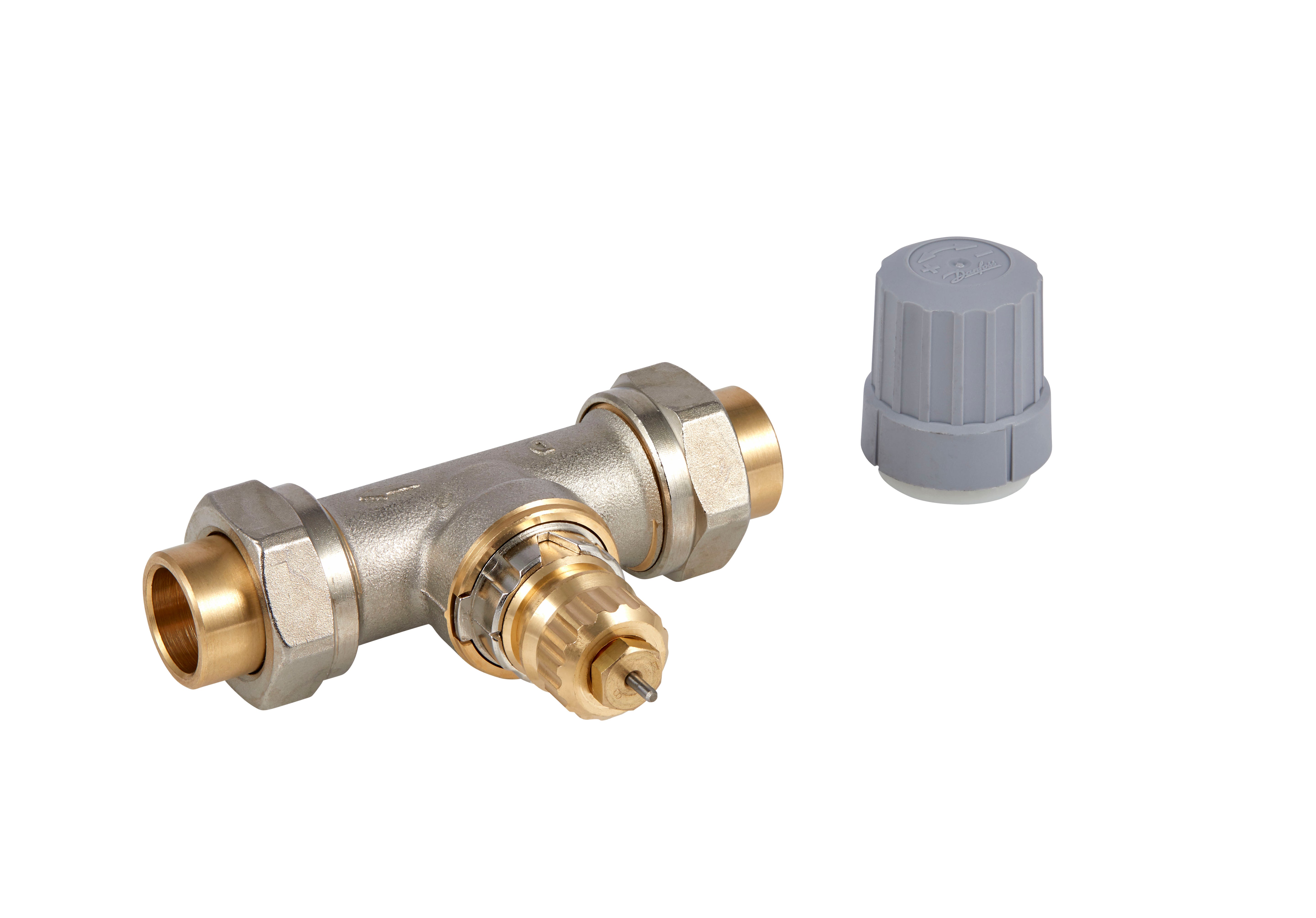 Brass radiator valve with straight sweat union connections, 1/2" size, includes gray plastic cap.