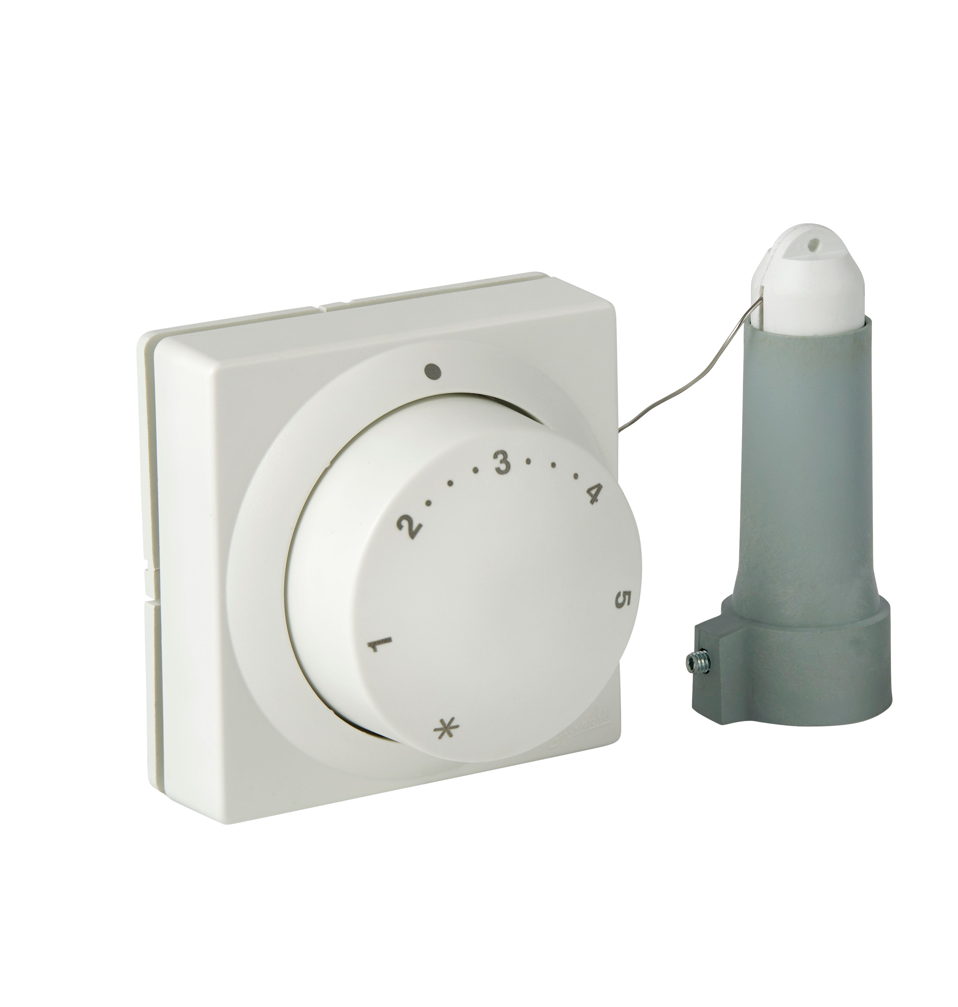 White wall-mounted thermostat dial with numbered scale 1-5 connected by capillary tube to gray remote sensor bulb.
