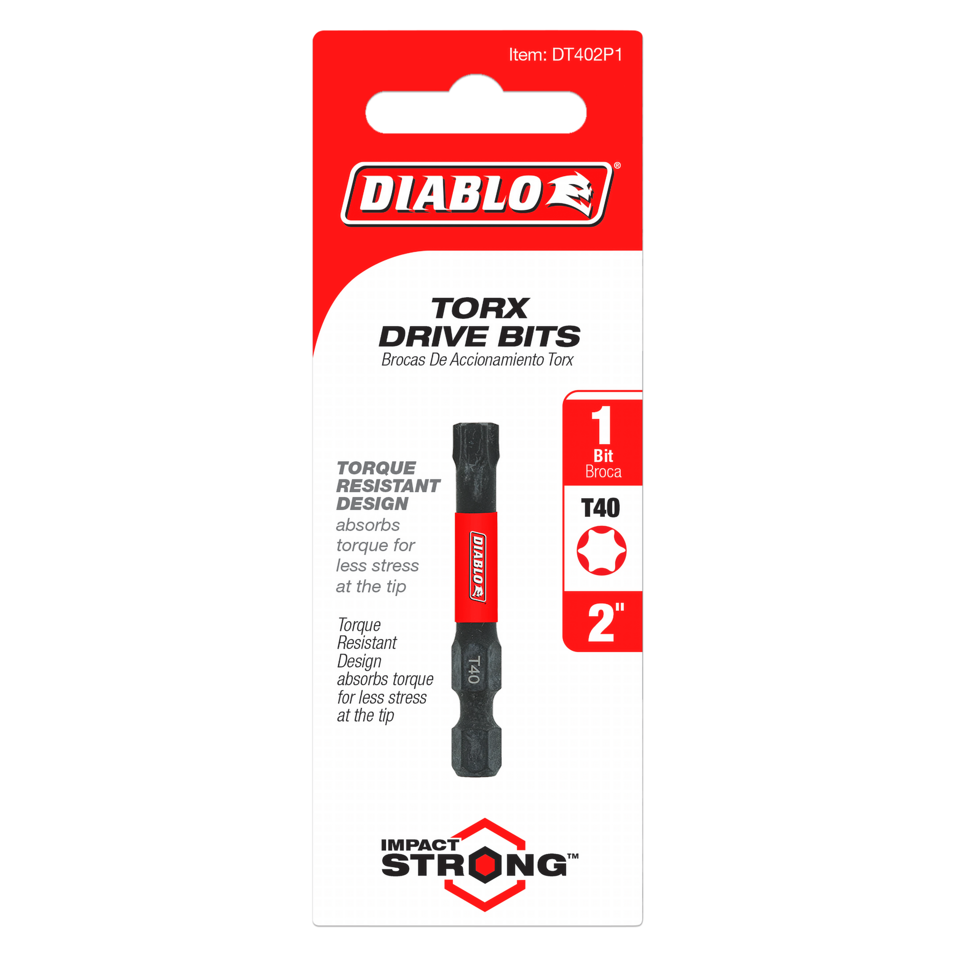 Diablo T40 Torx drive bit, 2 inches long, with red and black double-ended design on retail packaging.