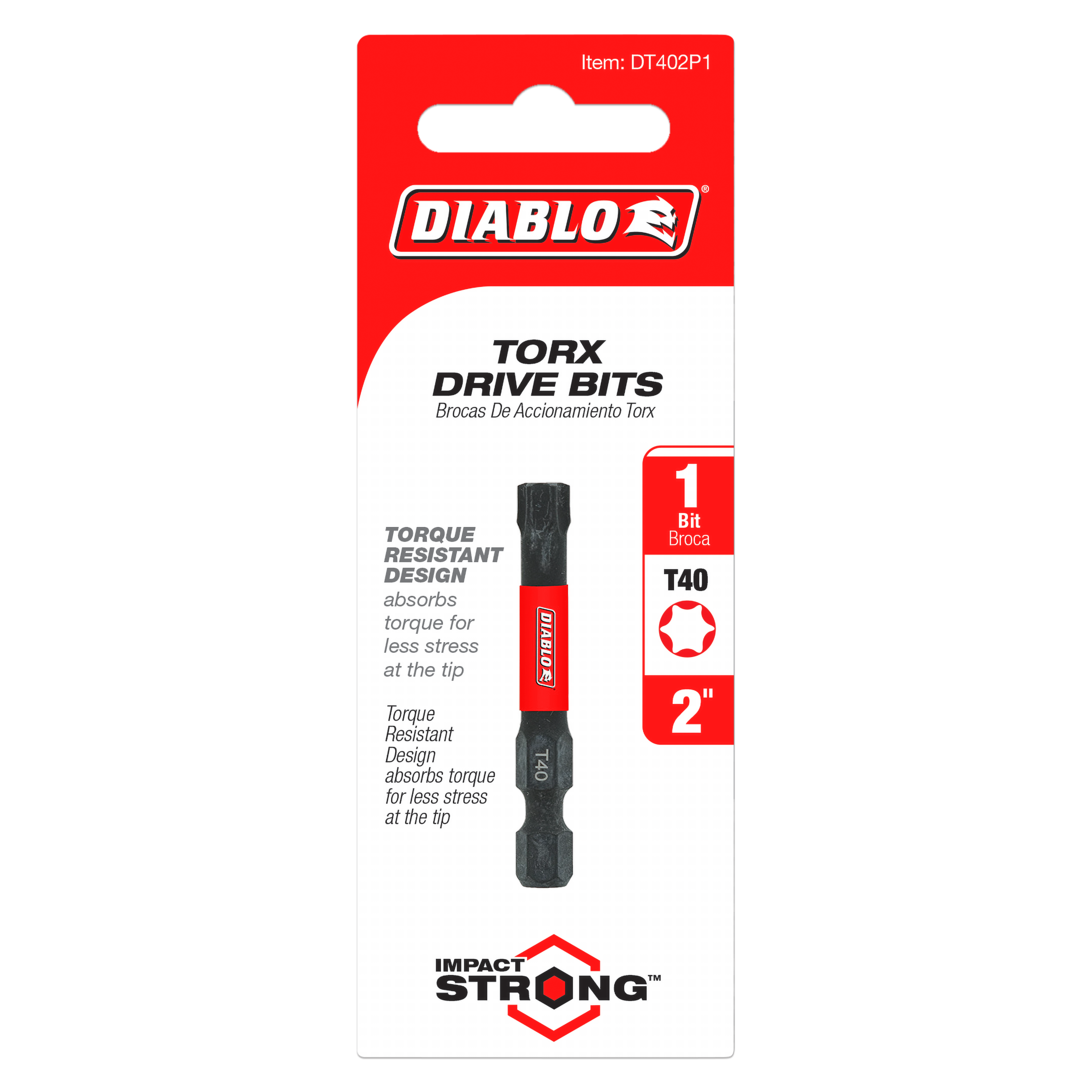 Diablo T40 Torx drive bit, 2 inches long, with red and black double-ended design on retail packaging.
