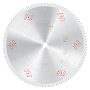 Freud 16" circular saw blade with silver coating and red markings for aluminum and non-ferrous materials.