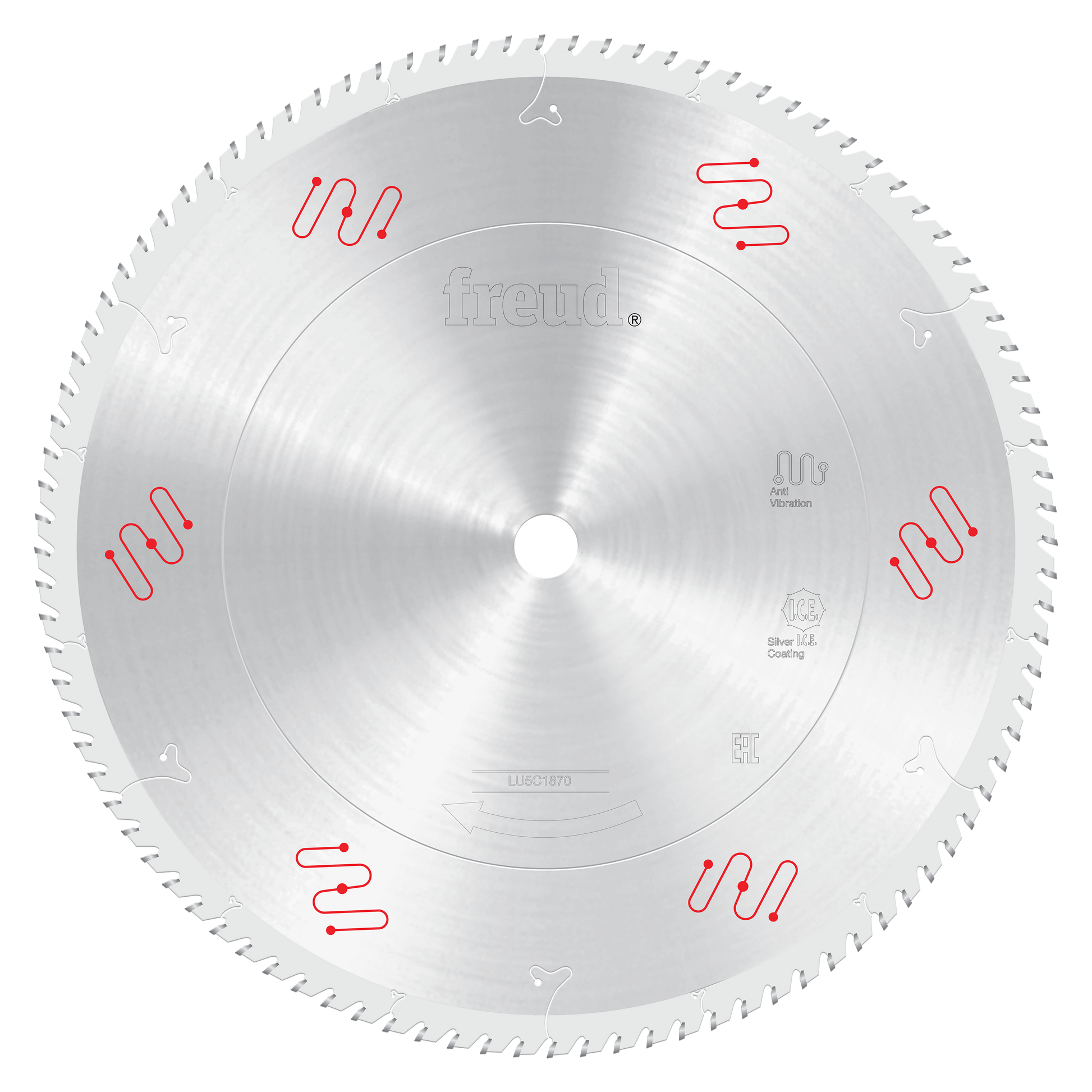 Freud 16" circular saw blade with silver coating and red markings for aluminum and non-ferrous materials.