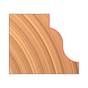 Router bit with red curved cutting edge and wood grain pattern on tan background.