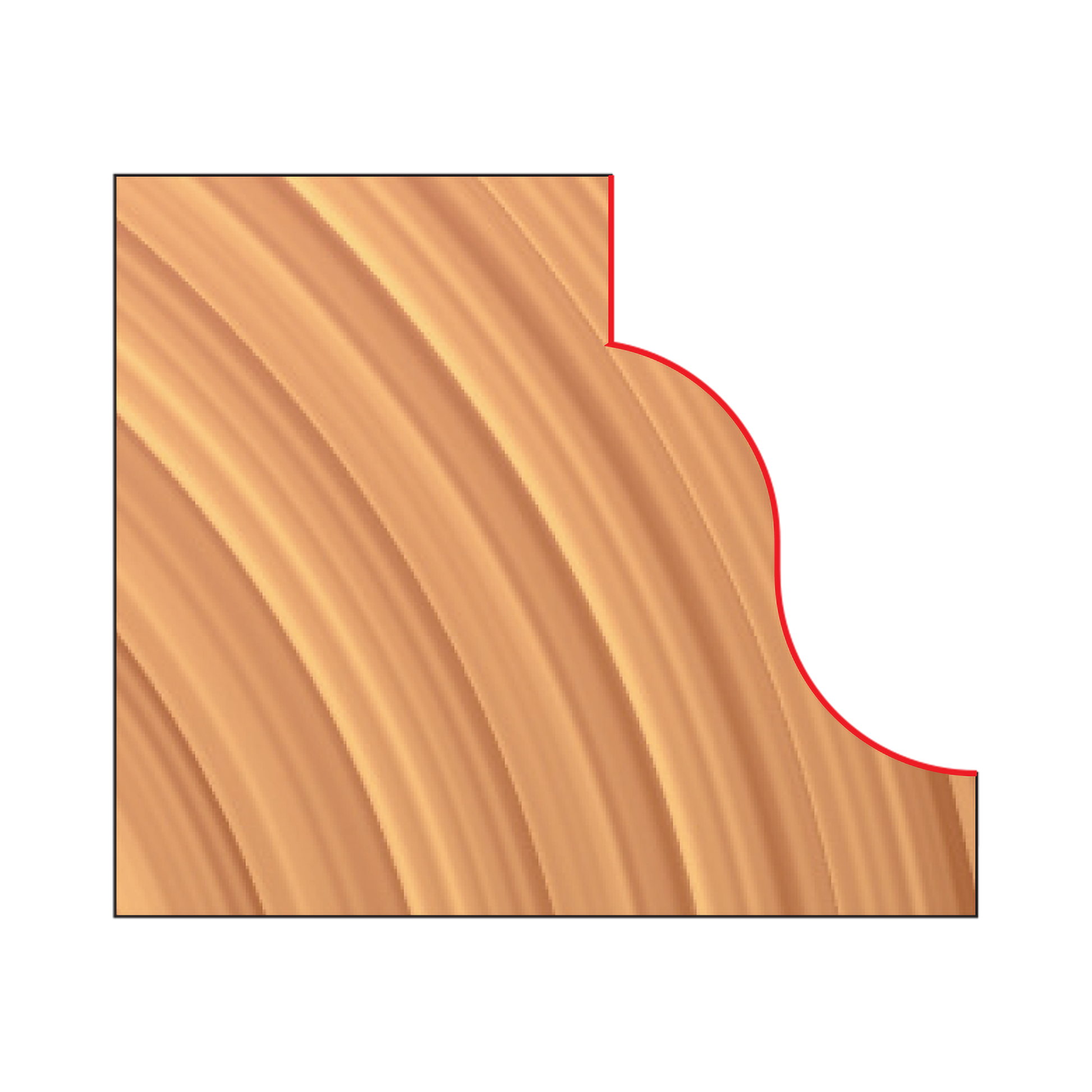 Router bit with red curved cutting edge and wood grain pattern on tan background.