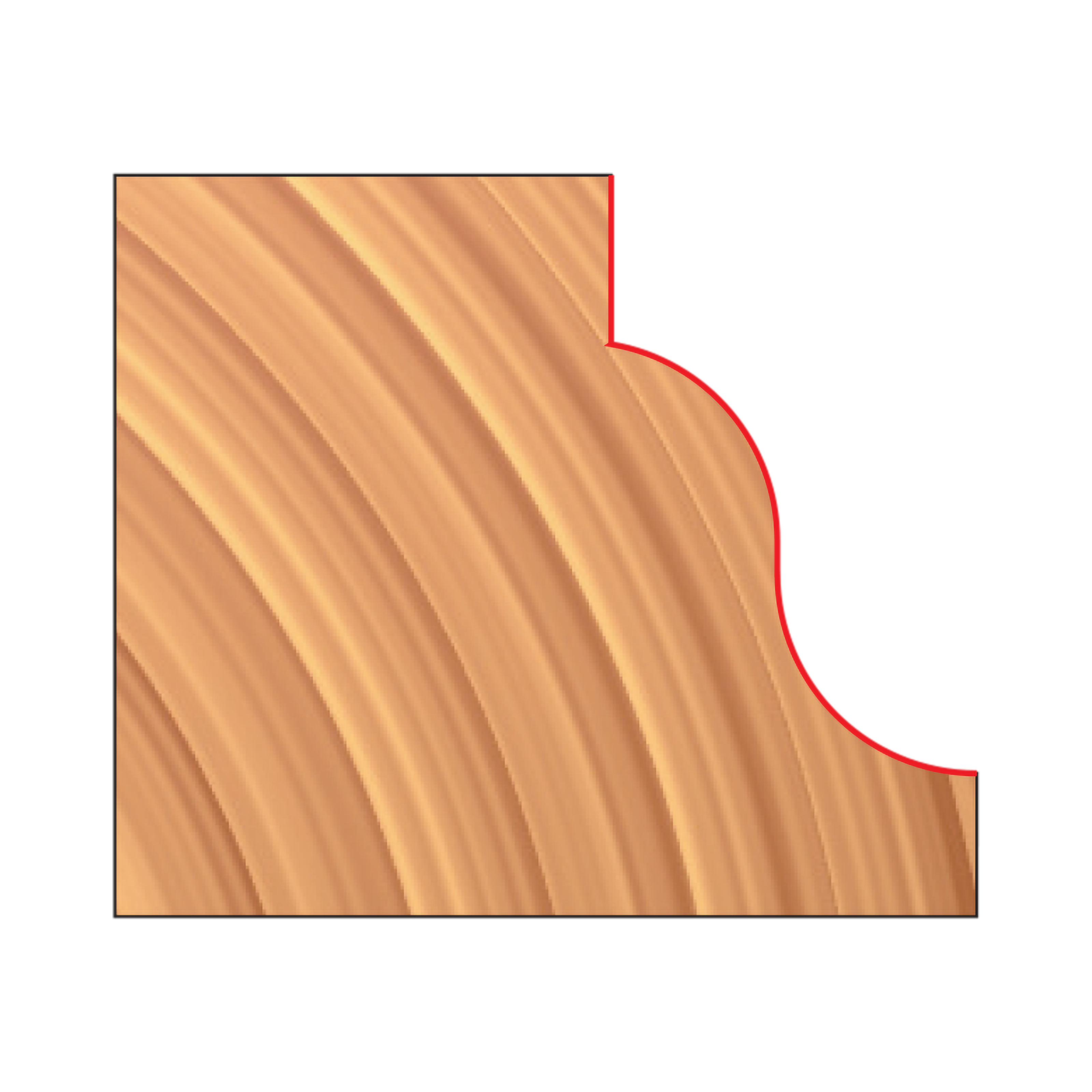 Router bit with red curved cutting edge and wood grain pattern on tan background.
