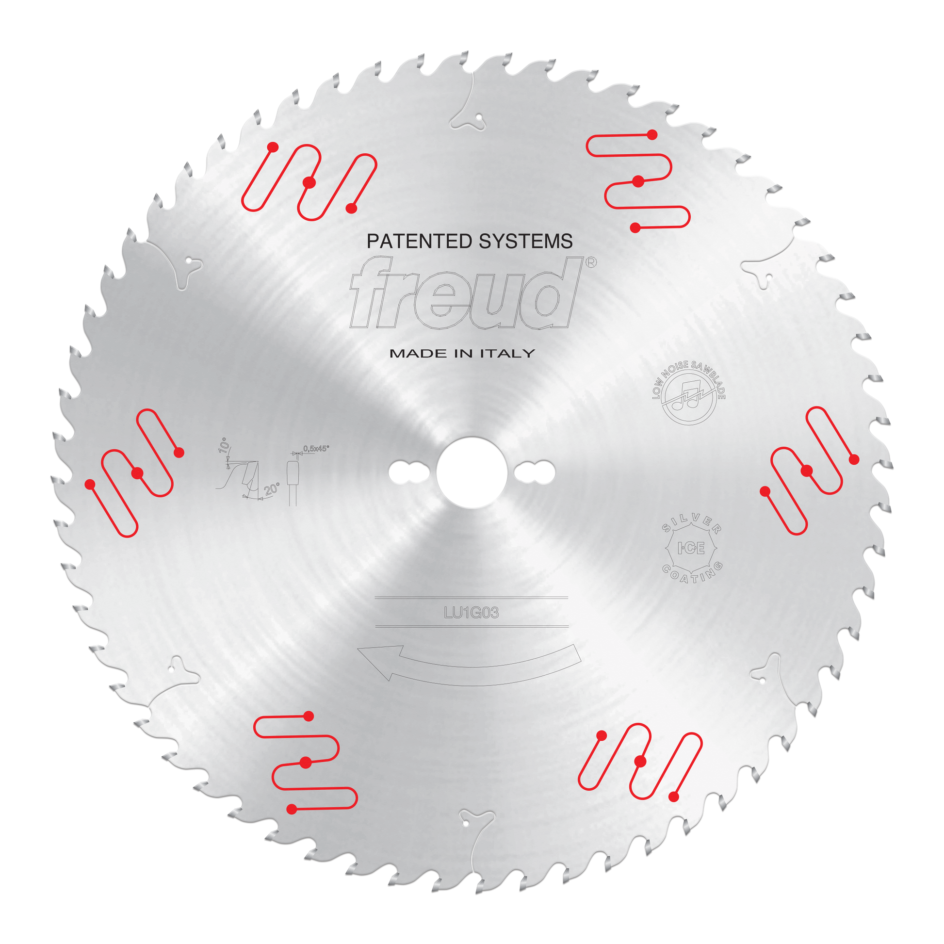 Freud LU1G03 350mm carbide-tipped circular saw blade with rounded teeth, marked "Patented Systems" and "Made in Italy."