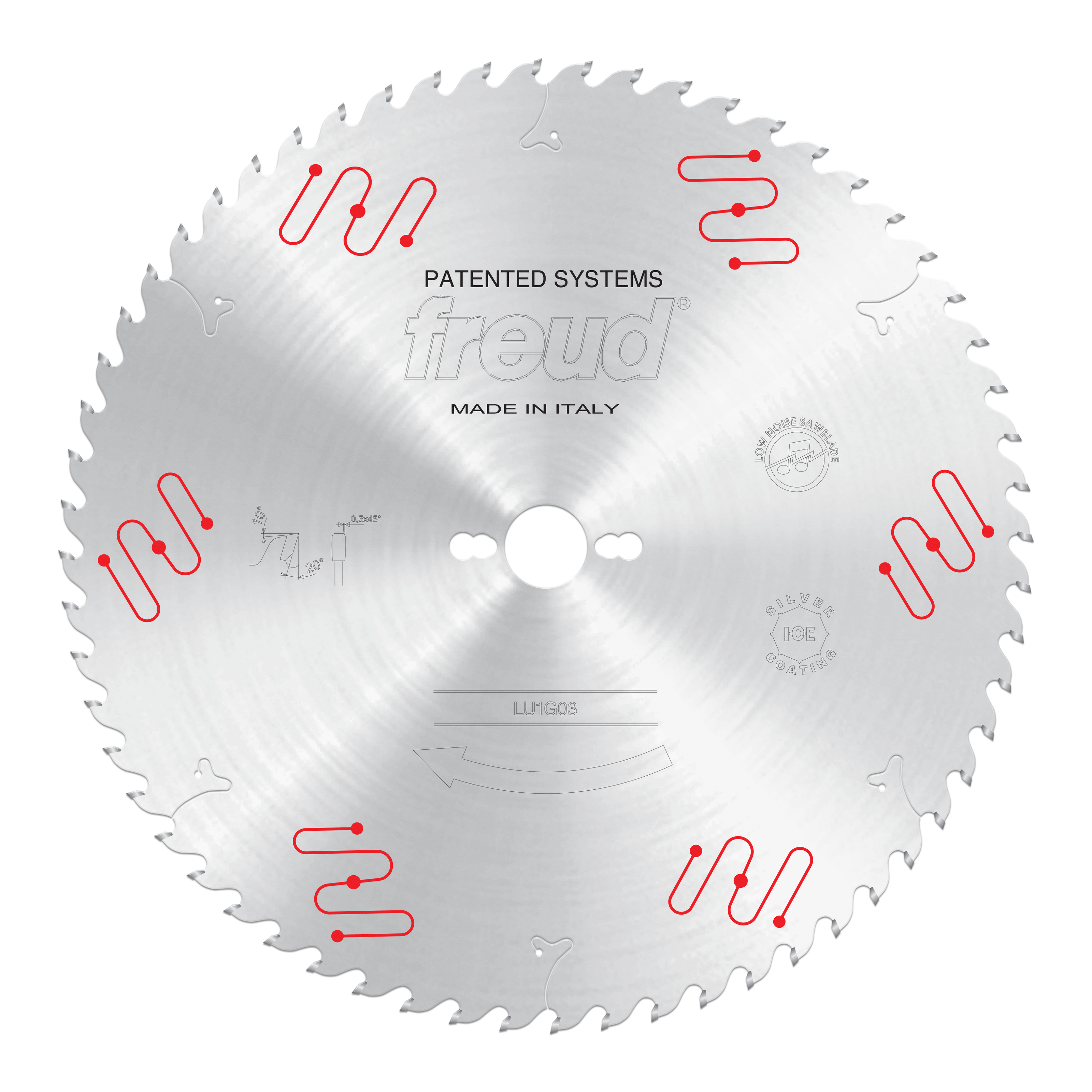 Freud LU1G03 350mm carbide-tipped circular saw blade with rounded teeth, marked "Patented Systems" and "Made in Italy."