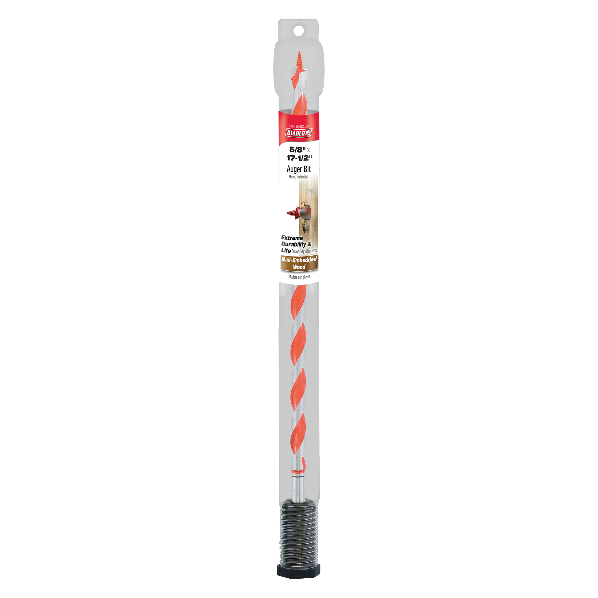 Diablo 5/8 in. x 17-1/2 in. auger bit with red spiral flutes and gray packaging sleeve.