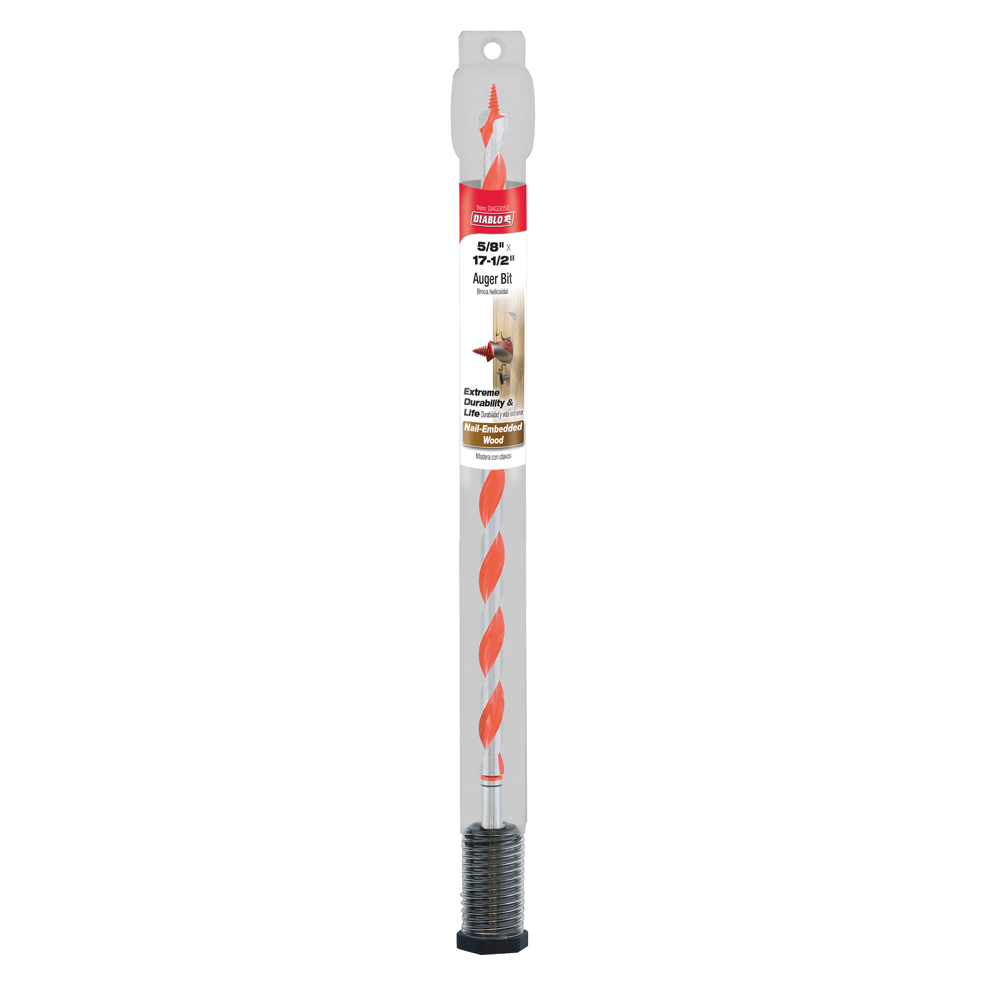 Diablo 5/8 in. x 17-1/2 in. auger bit with red spiral flutes and gray packaging sleeve.