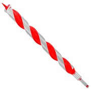 Red and gray twisted auger bit with sharp point and hex shank end on white background.