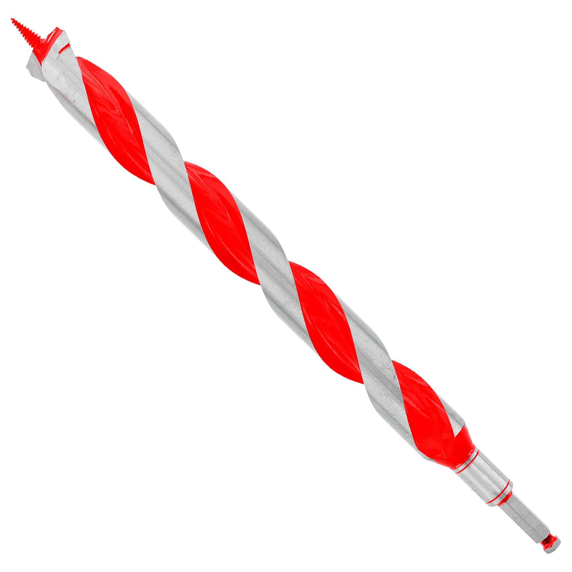 Red and gray twisted auger bit with sharp point and hex shank end on white background.