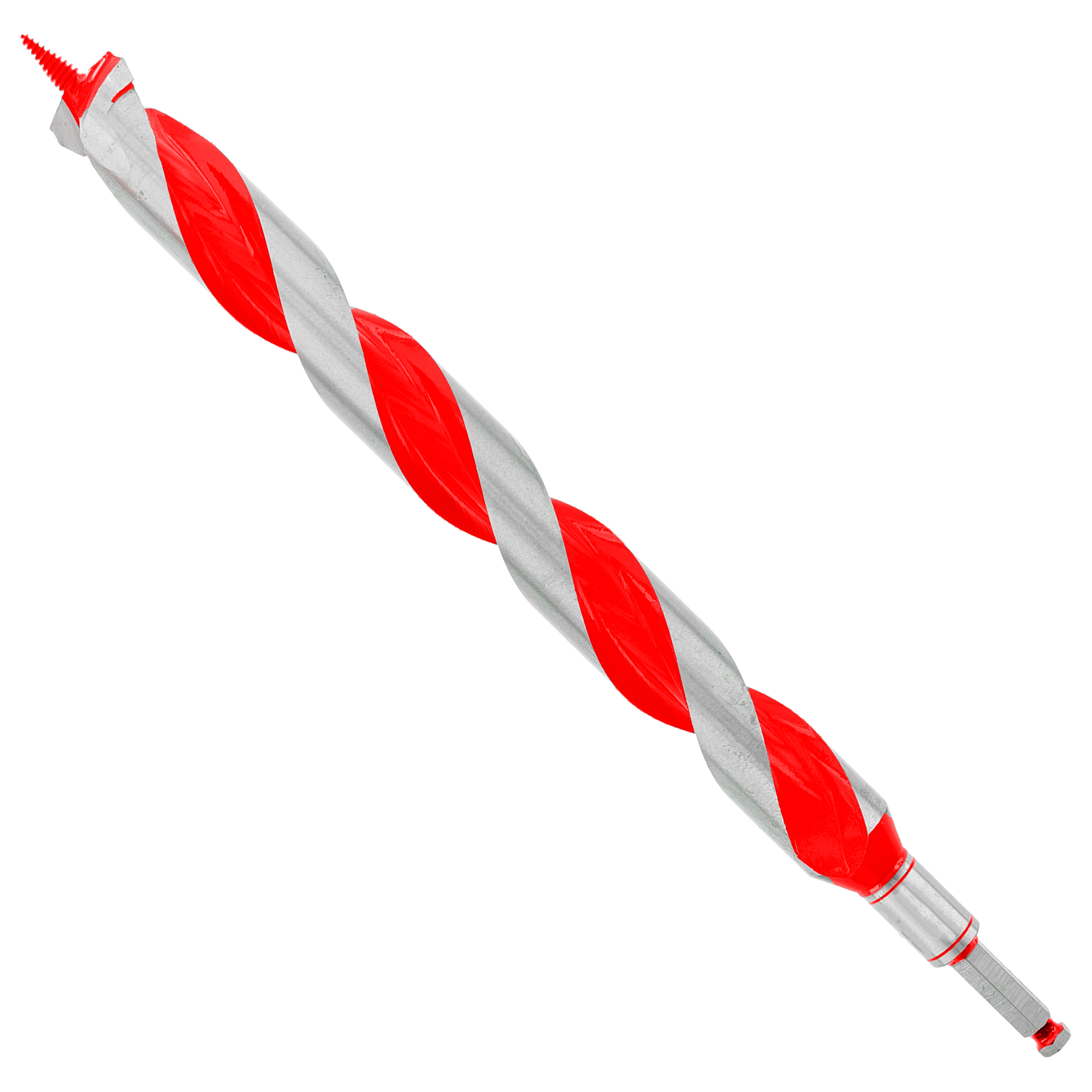 Red and gray twisted auger bit with sharp point and hex shank end on white background.
