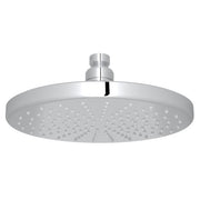 Round polished chrome rain showerhead with multiple spray jets and threaded connector mount.