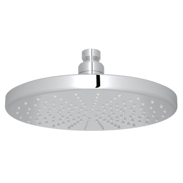 Round polished chrome rain showerhead with multiple spray jets and threaded connector mount.