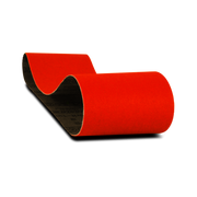 Two red sanding belts with black backing, cylindrical form, 3 inches wide by 24 inches long.