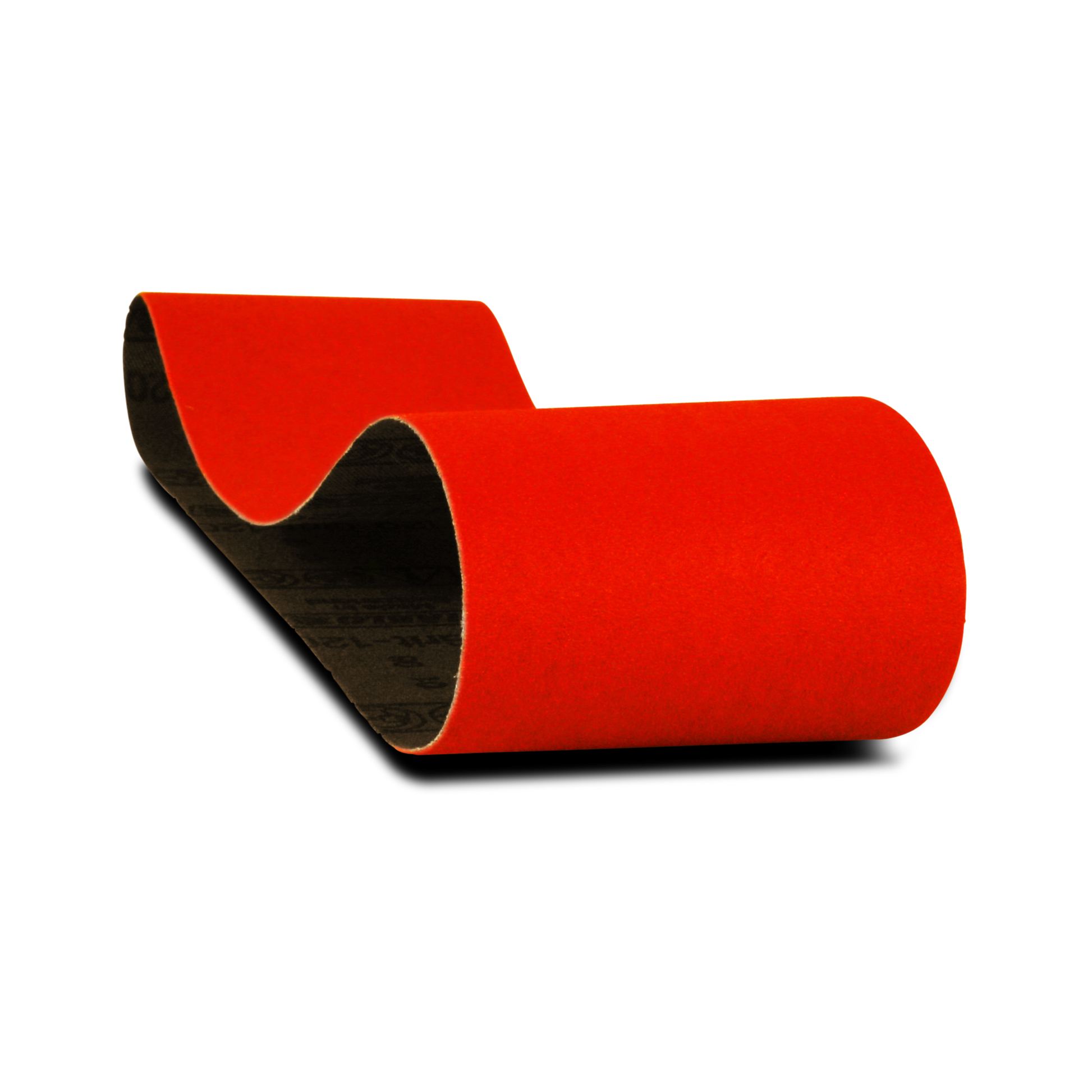 Two red sanding belts with black backing, cylindrical form, 3 inches wide by 24 inches long.
