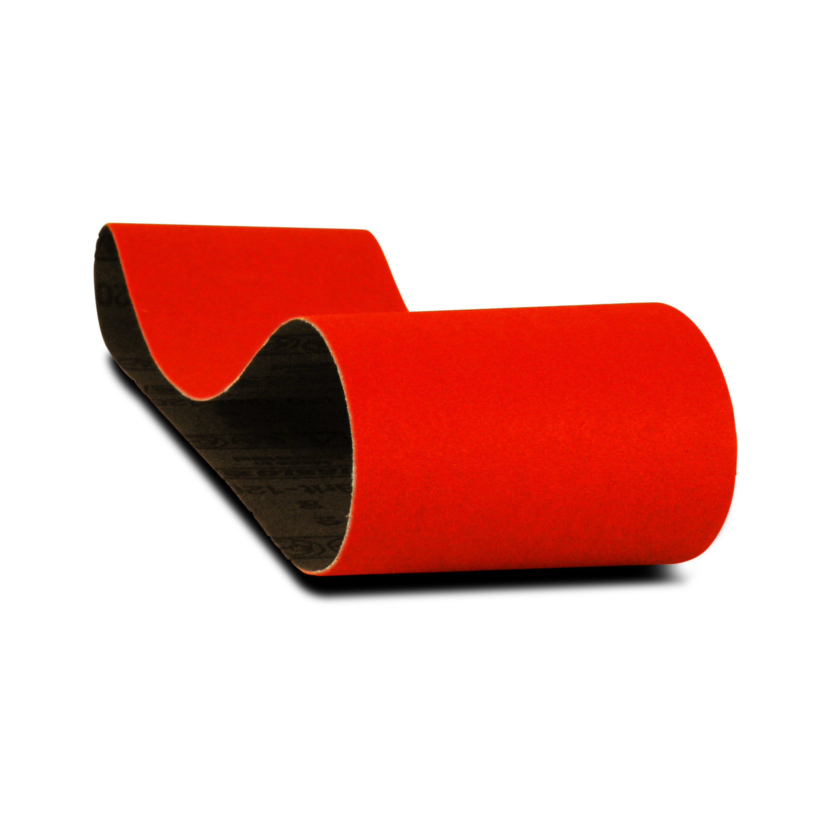 Two red sanding belts with black backing, cylindrical form, 3 inches wide by 24 inches long.
