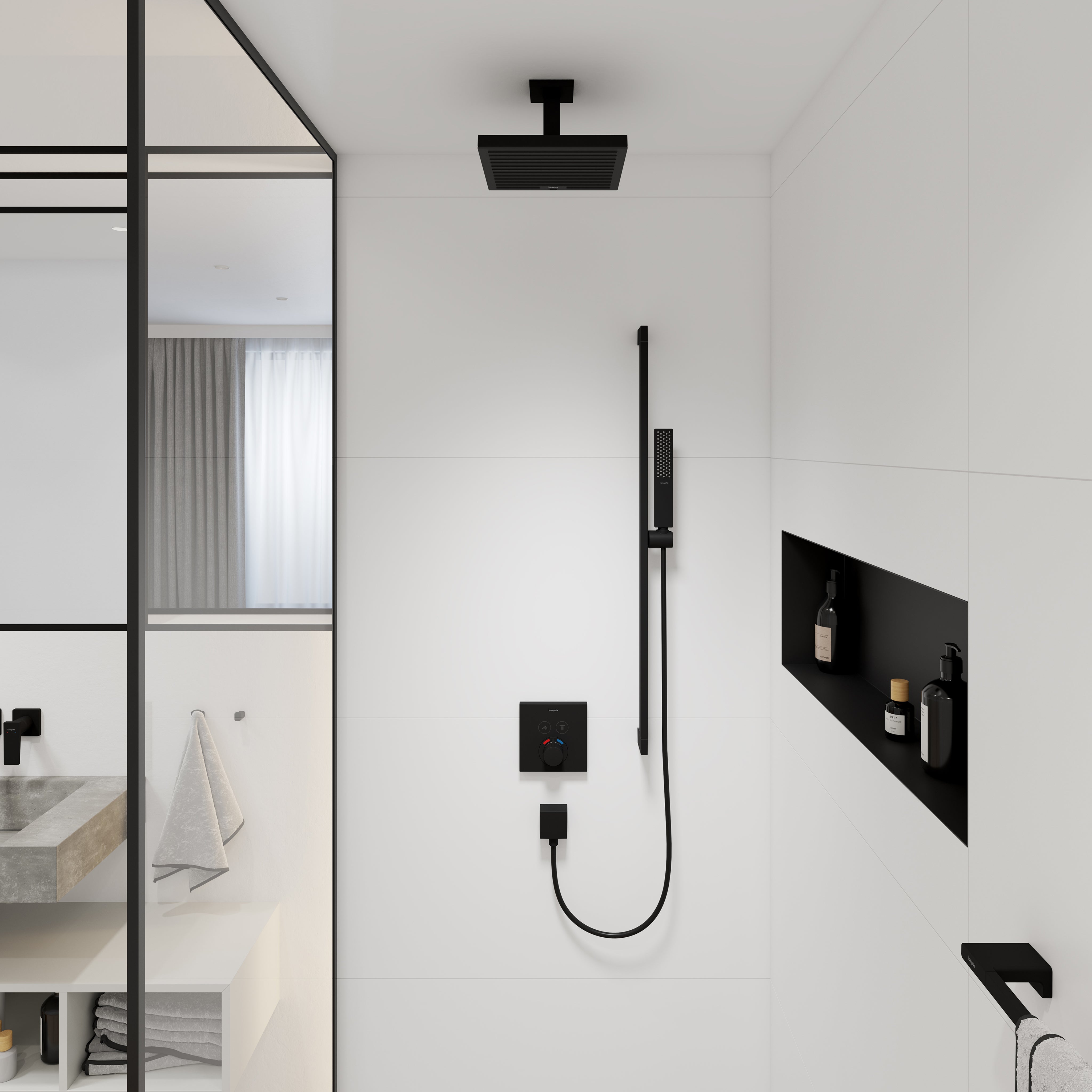 Matte black square ceiling-mounted shower head with 4-inch extension pipe on white bathroom wall.