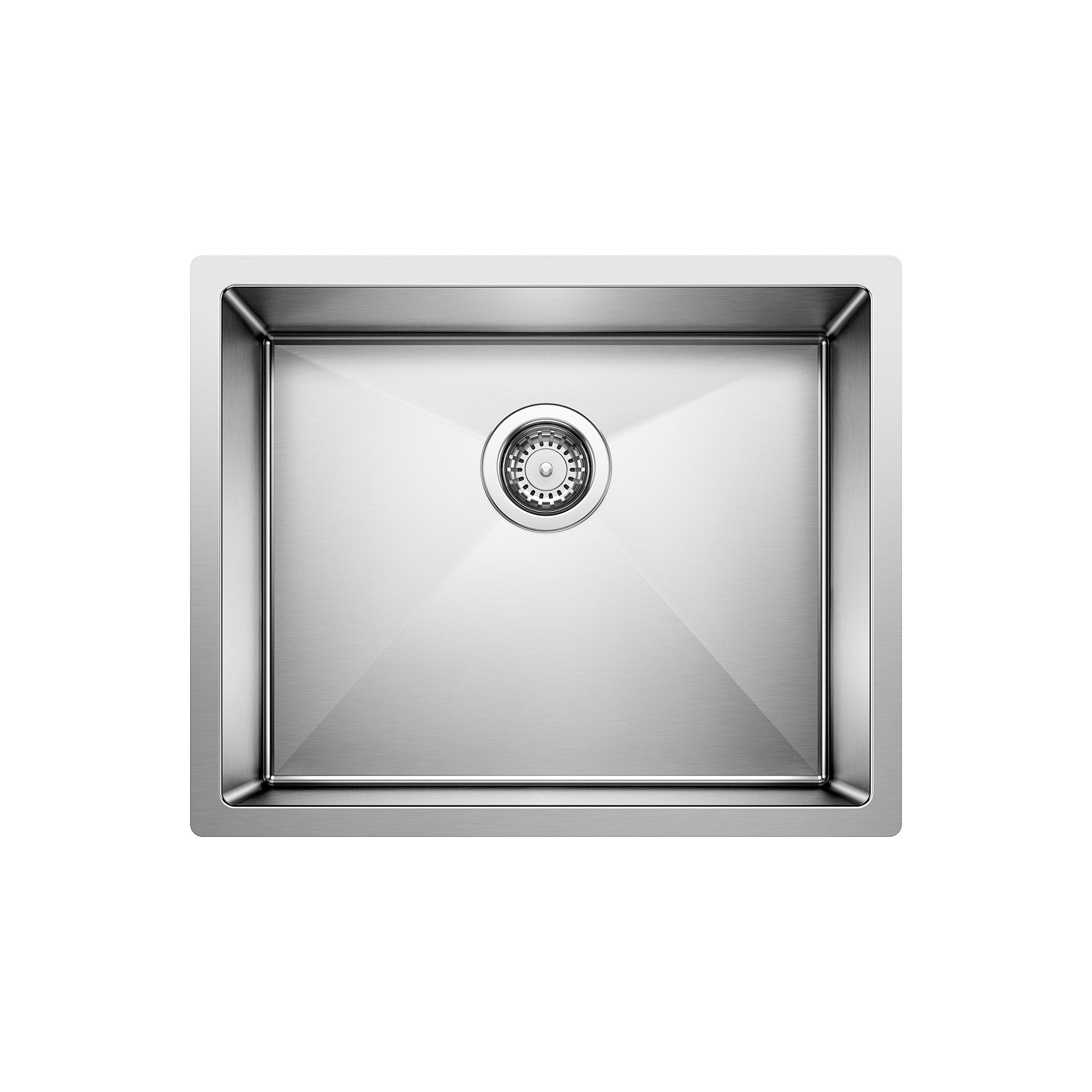 Stainless steel single bowl sink with rounded corners and centered drain strainer.