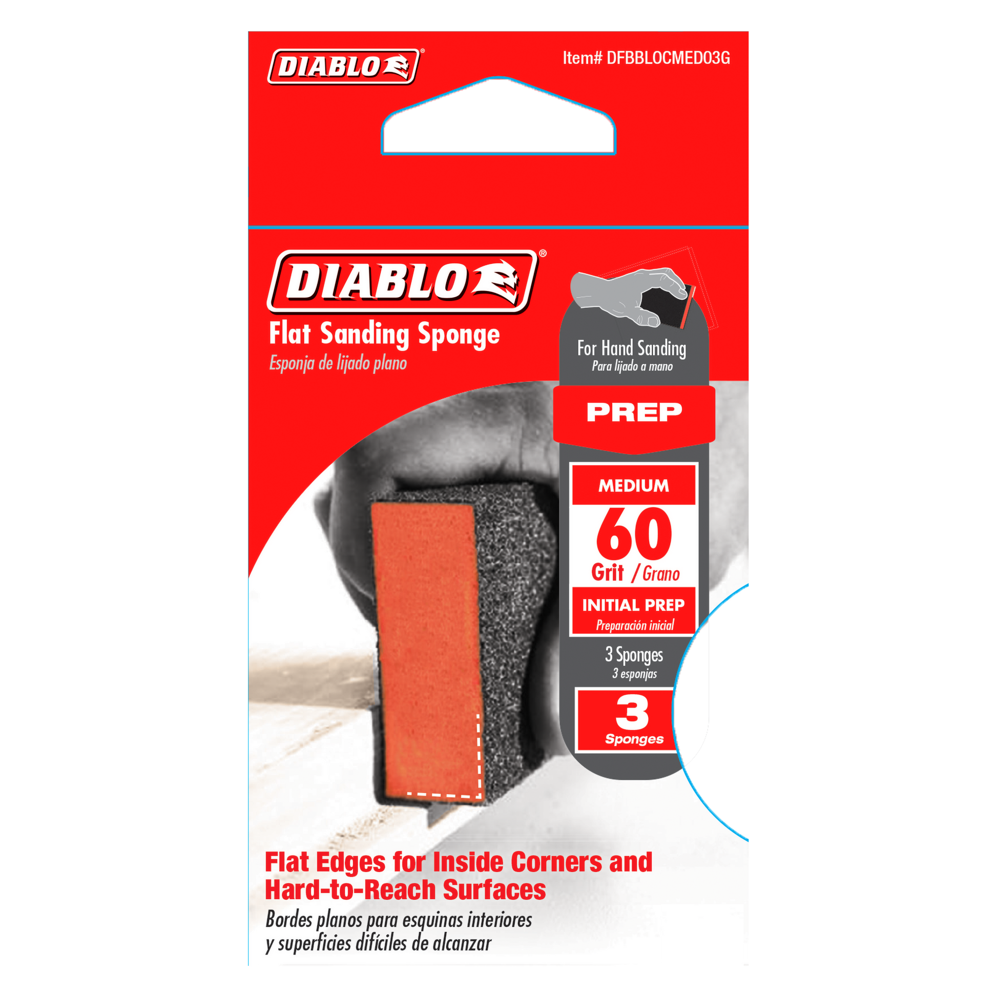 Three flat 60-grit medium sanding sponges with smooth and textured surfaces for hand sanding.