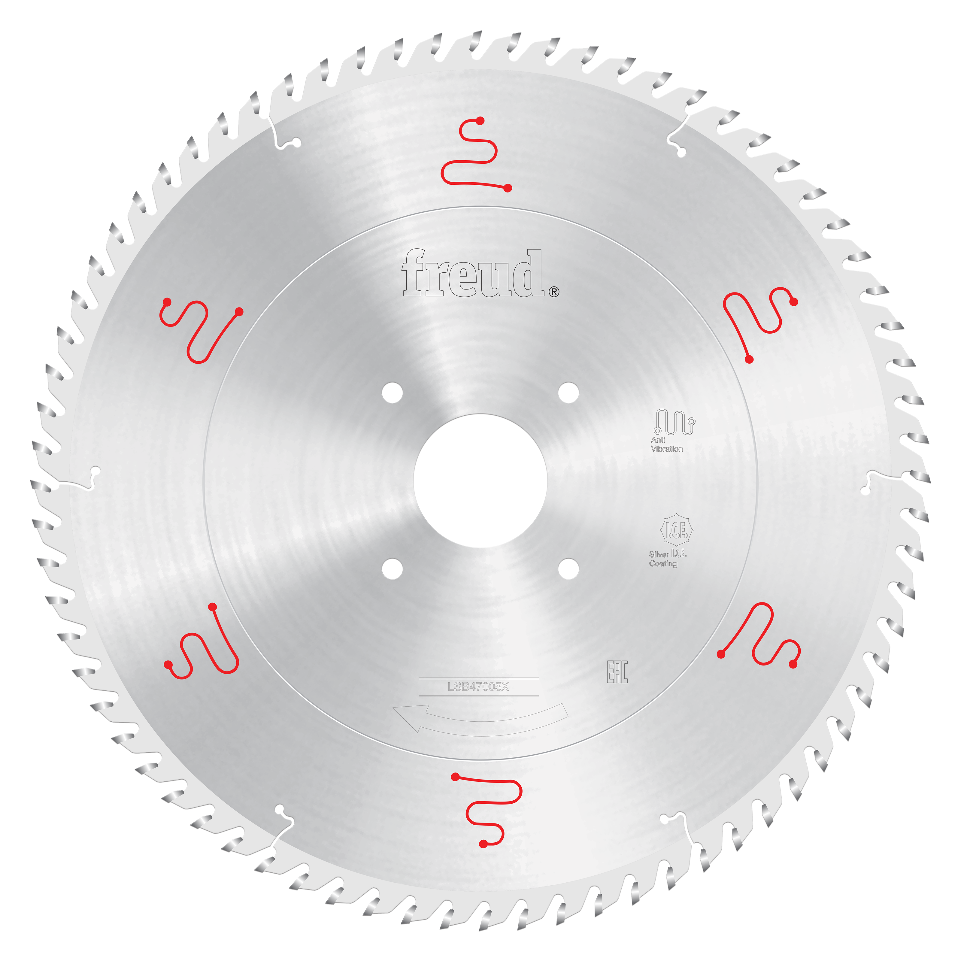 Silver circular saw blade with multiple teeth around perimeter, central white hub with mounting holes, and red Freud branding