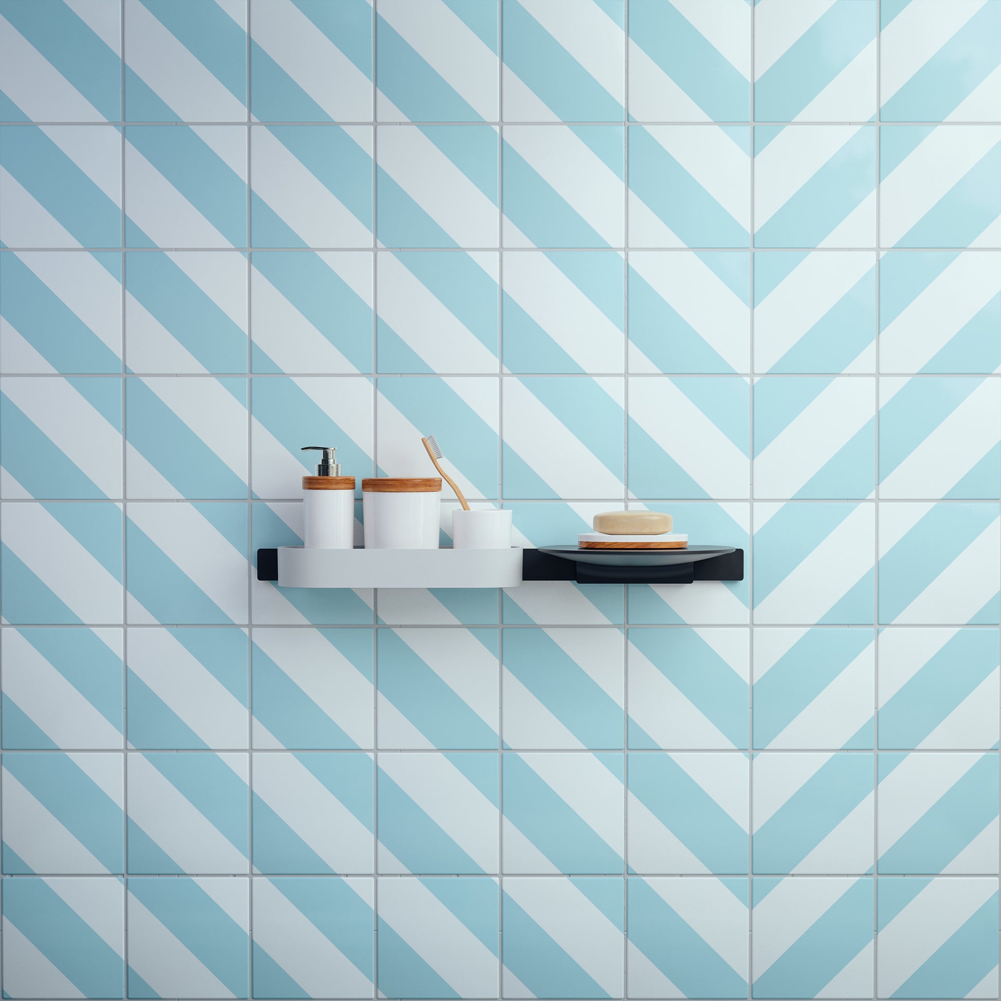 Matte black wall-mounted storage bar with white containers and wooden accessories on geometric tile backdrop.