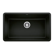Coal black single bowl undermount kitchen sink with chrome drain strainer and rounded corners, viewed from above.