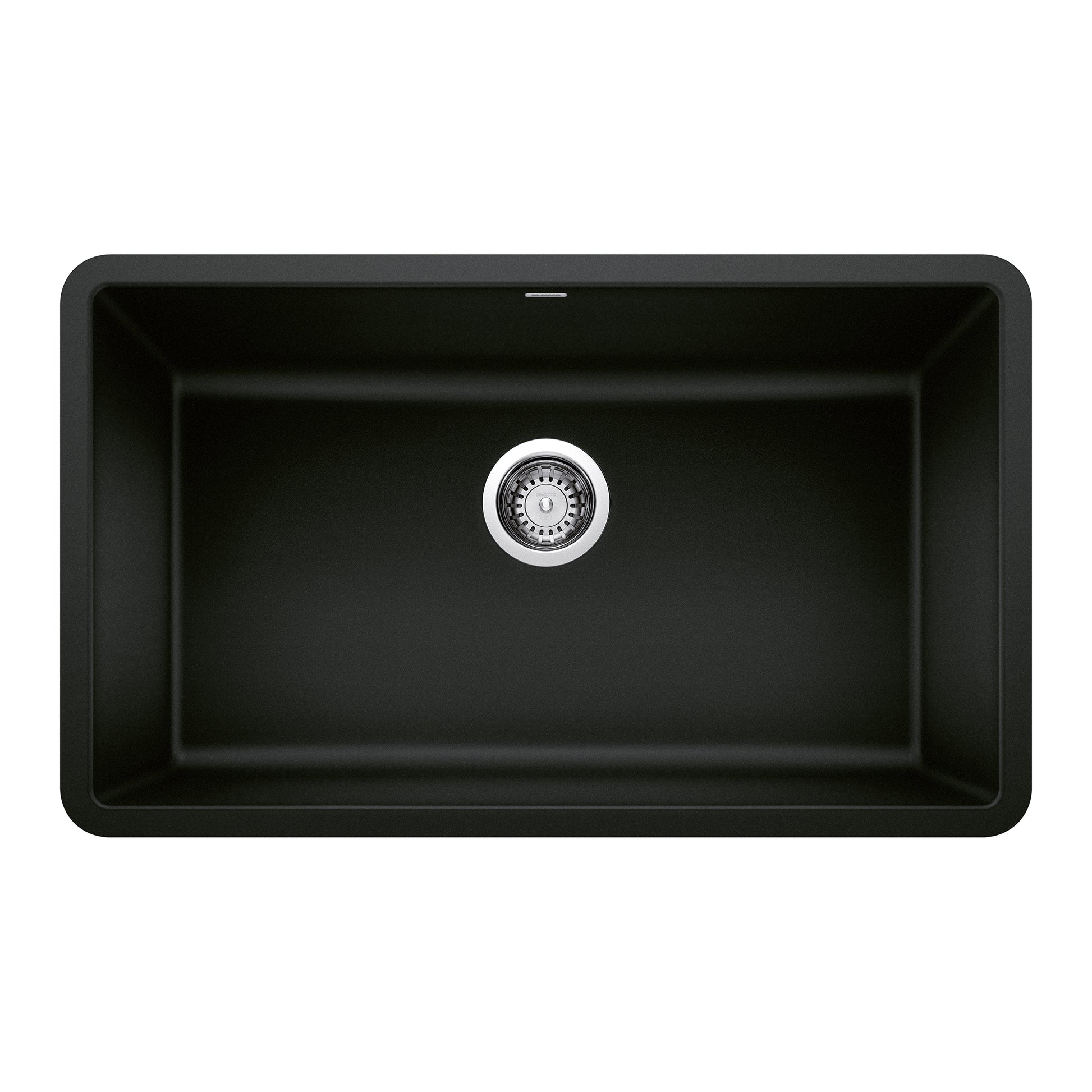 Coal black single bowl undermount kitchen sink with chrome drain strainer and rounded corners, viewed from above.