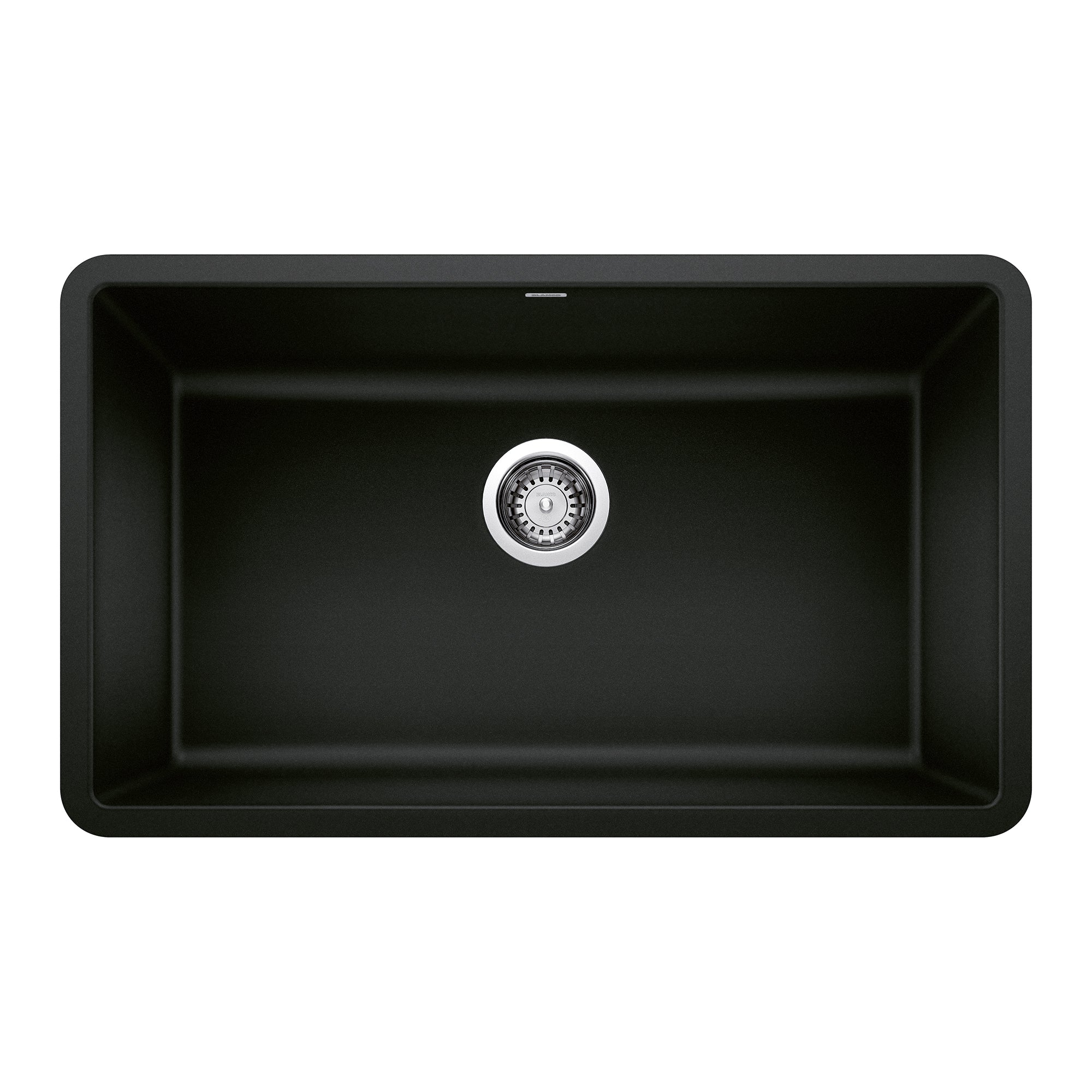 Coal black single bowl undermount kitchen sink with chrome drain strainer and rounded corners, viewed from above.