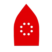 Red mouse-shaped sanding pad with white hook-and-loop attachment holes arranged in circular pattern.