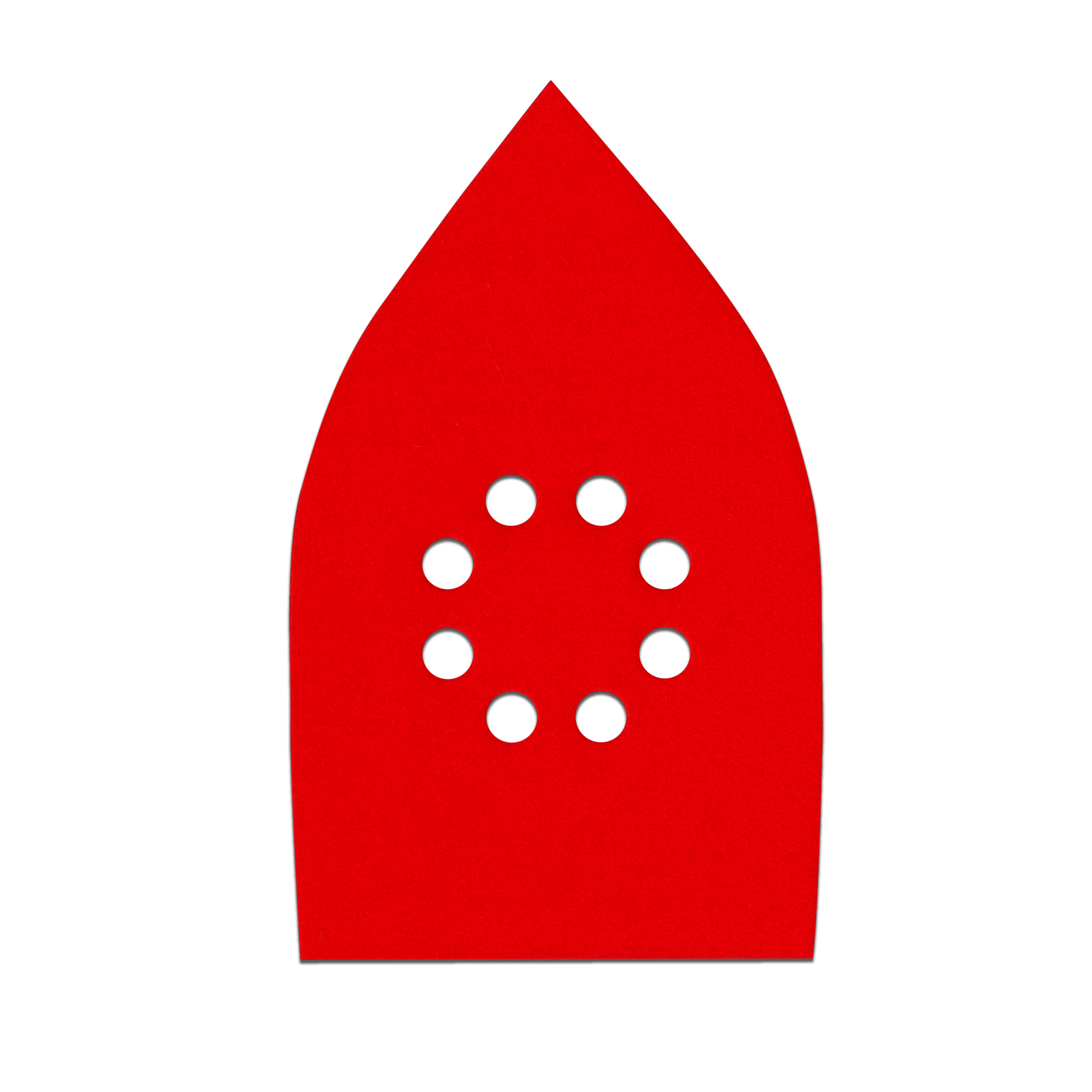 Red mouse-shaped sanding pad with white hook-and-loop attachment holes arranged in circular pattern.