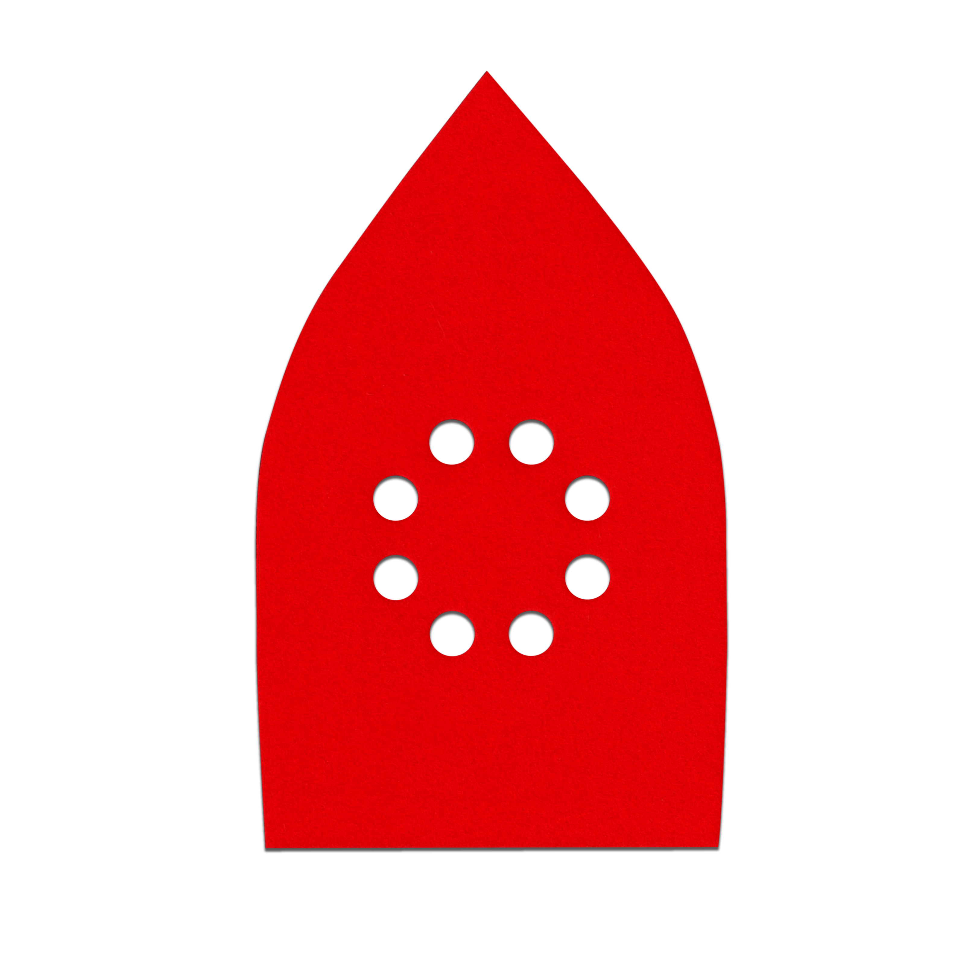 Red mouse-shaped sanding pad with white hook-and-loop attachment holes arranged in circular pattern.