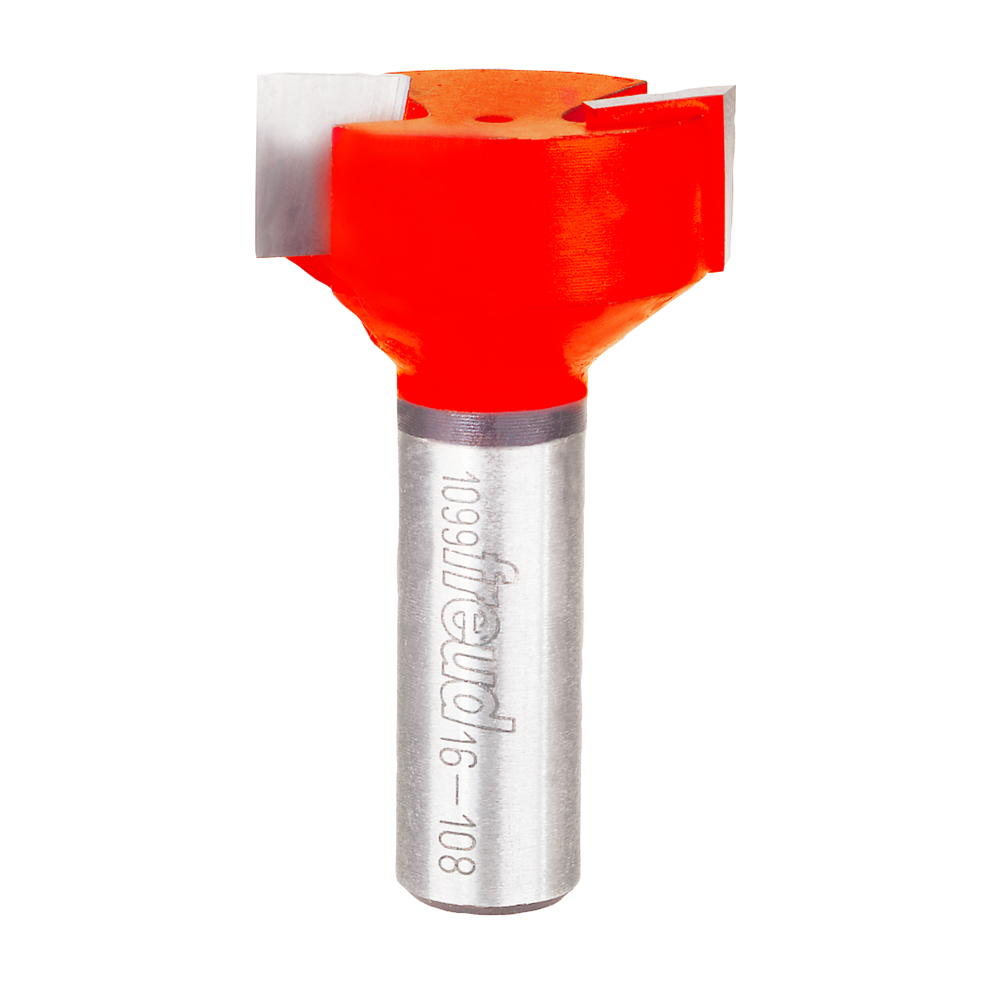 Freud router bit with red cutting head and metallic shank marked with model number.
