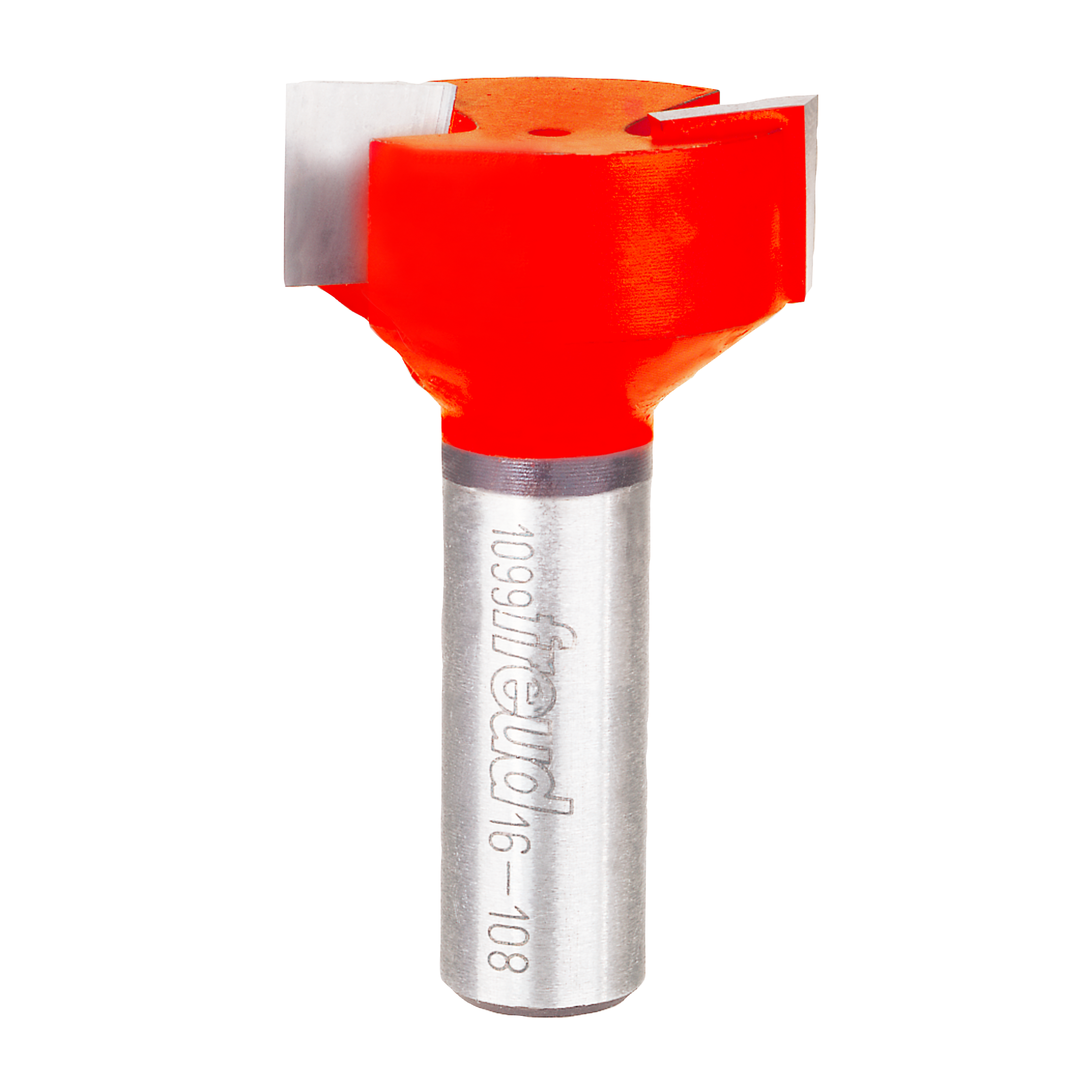 Freud router bit with red cutting head and metallic shank marked with model number.