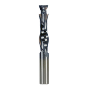 Black and gray two-flute mortise compression bit with spiral cutting edges and cylindrical shank.