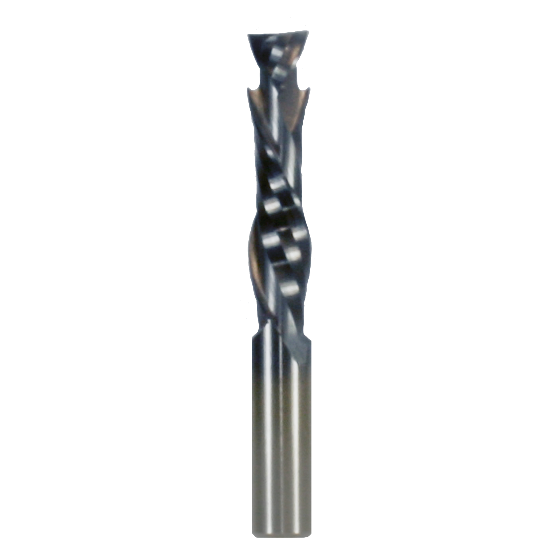 Black and gray two-flute mortise compression bit with spiral cutting edges and cylindrical shank.