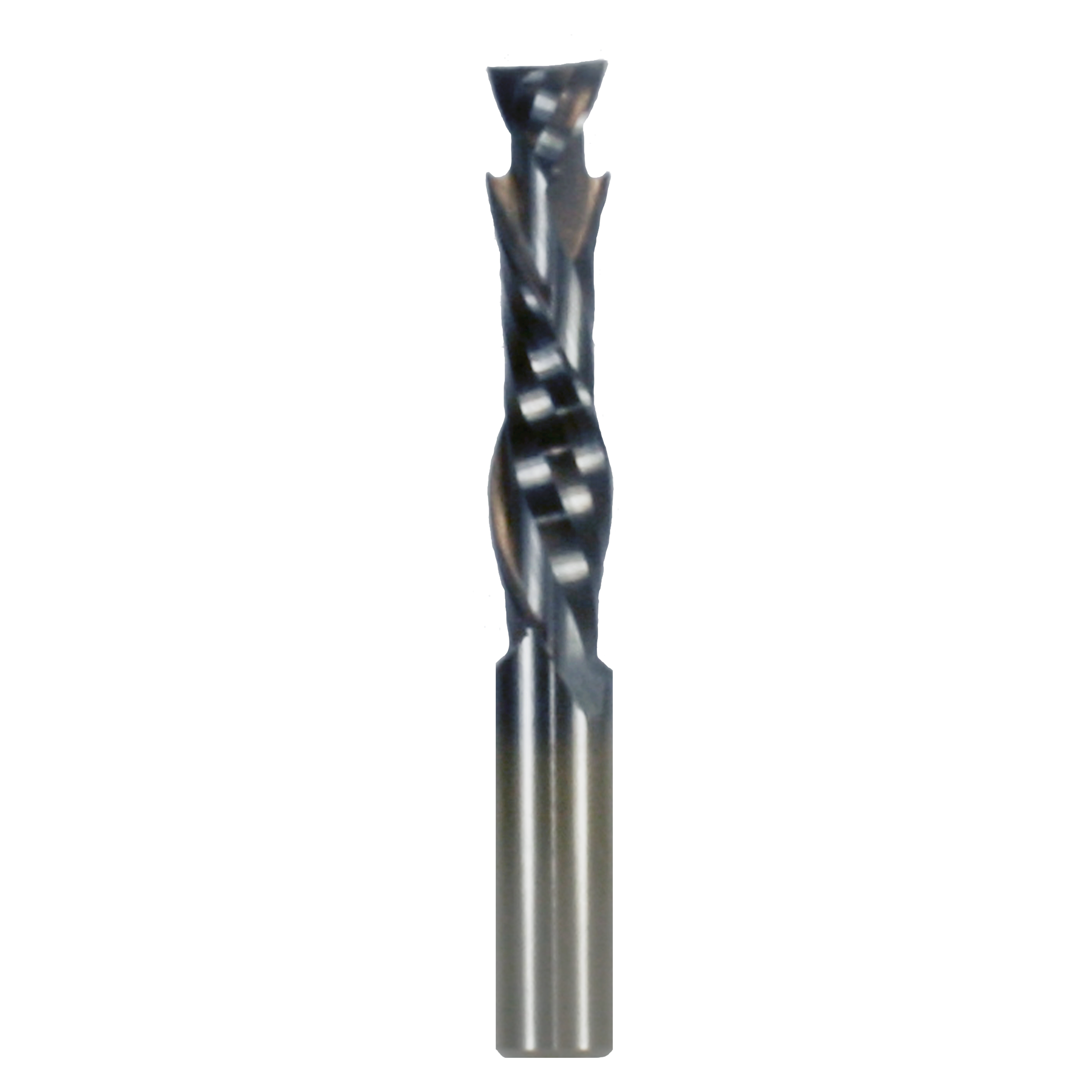 Black and gray two-flute mortise compression bit with spiral cutting edges and cylindrical shank.