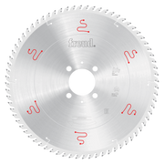 Silver circular saw blade with 430mm diameter, central arbor hole with four mounting holes, and teeth around perimeter marked
