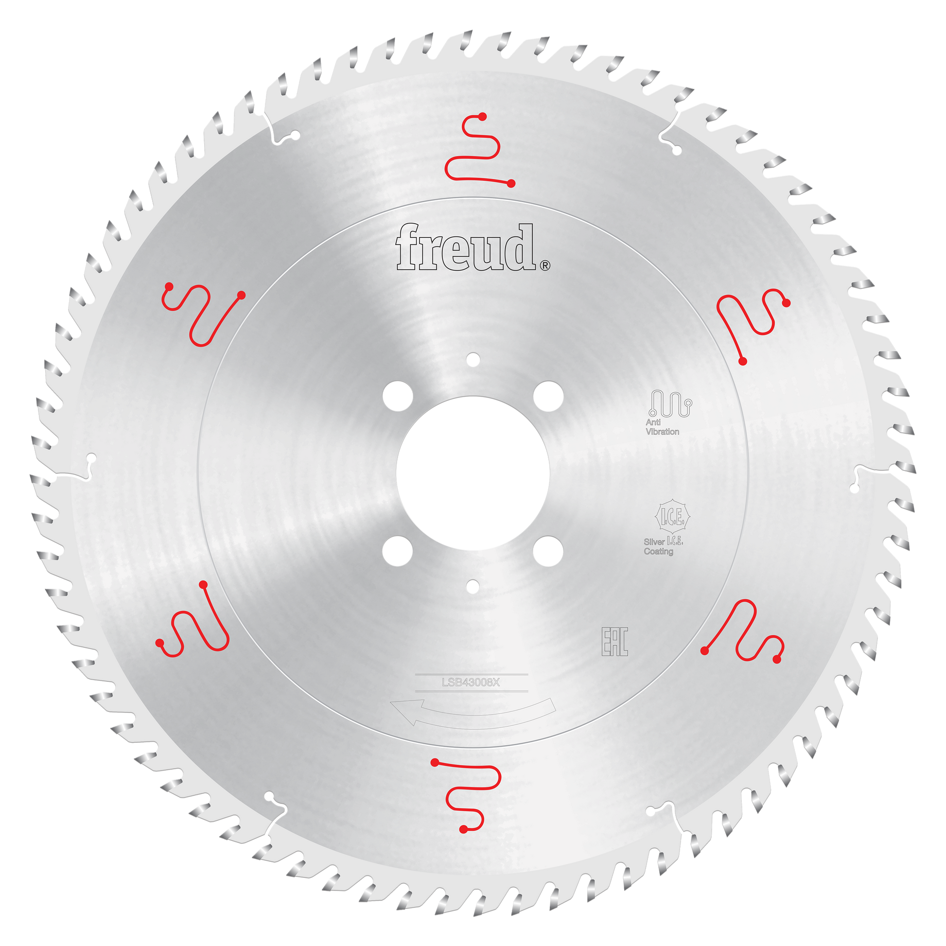 Silver circular saw blade with 430mm diameter, central arbor hole with four mounting holes, and teeth around perimeter marked