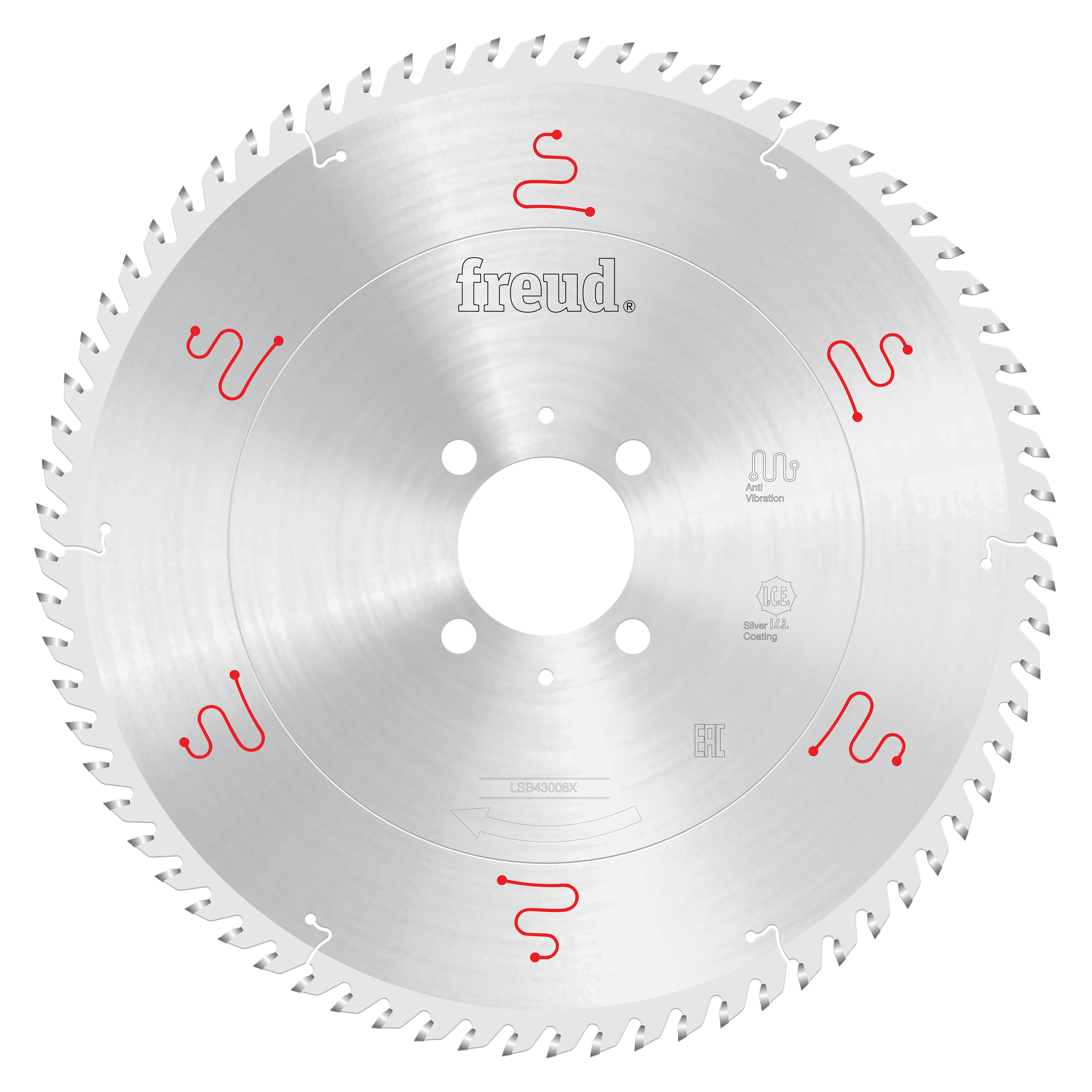 Silver circular saw blade with 430mm diameter, central arbor hole with four mounting holes, and teeth around perimeter marked