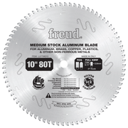 10-inch circular aluminum saw blade with 80 teeth and silver ice coating for cutting aluminum and non-ferrous metals.
