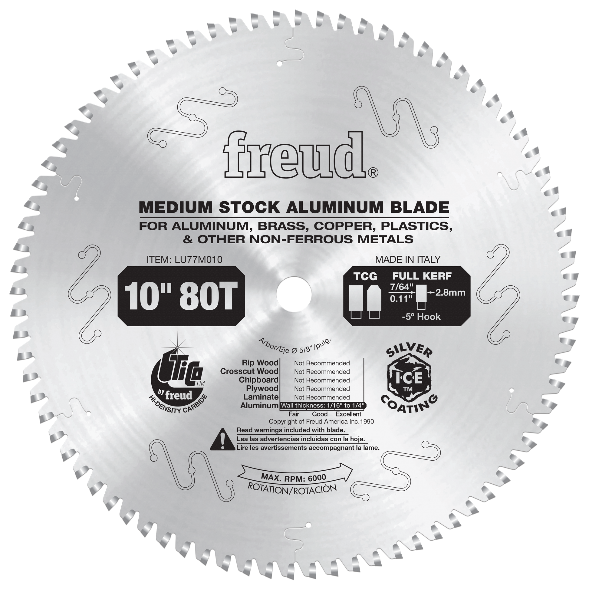 10-inch circular aluminum saw blade with 80 teeth and silver ice coating for cutting aluminum and non-ferrous metals.