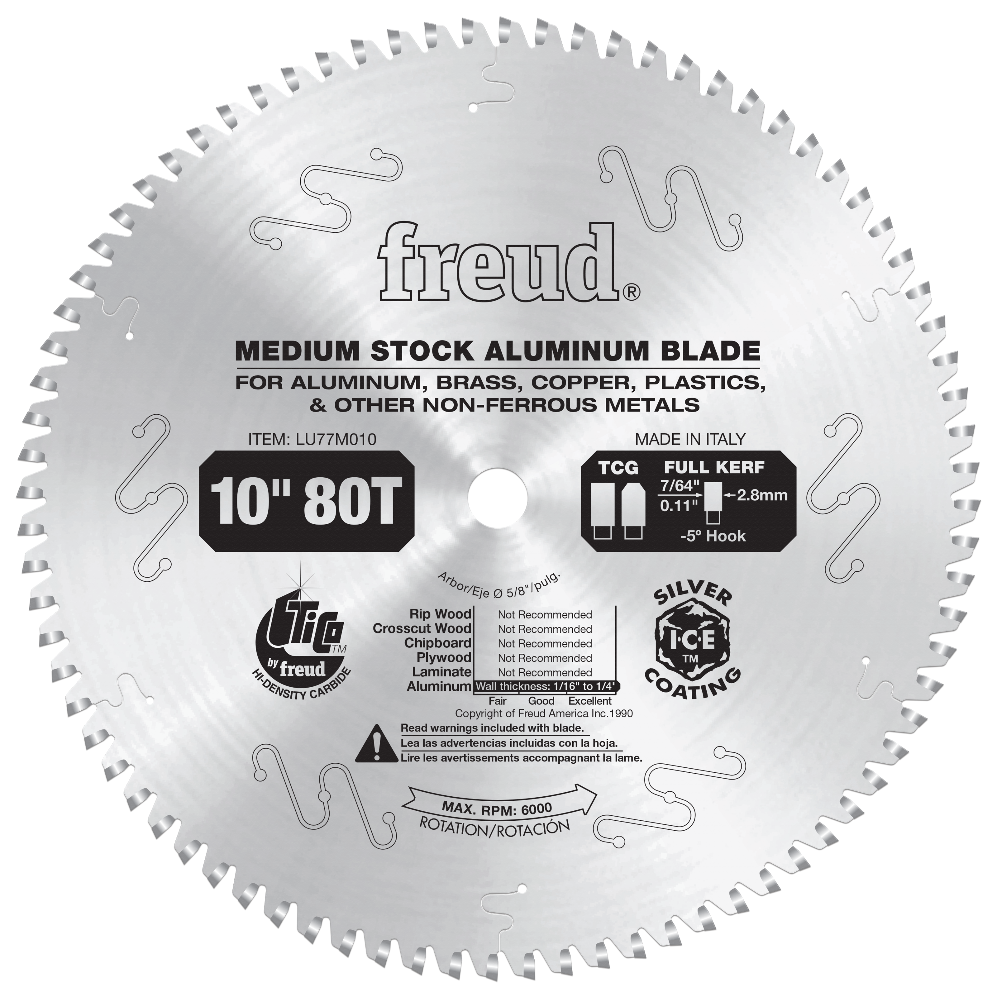 10-inch circular aluminum saw blade with 80 teeth and silver ice coating for cutting aluminum and non-ferrous metals.