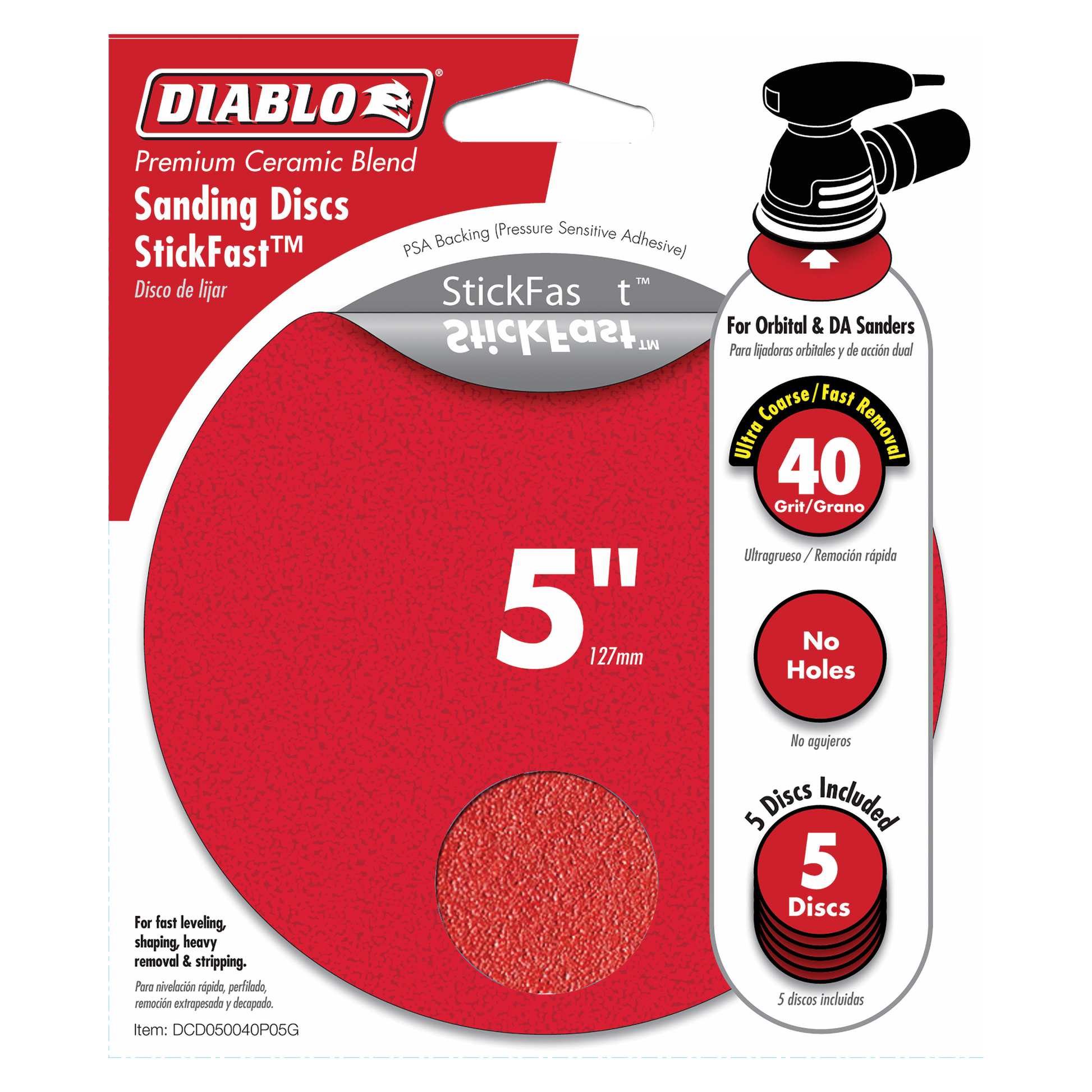 Five red 5-inch sanding discs with StickFast adhesive backing and 40-grit coarse texture for orbital sanders.