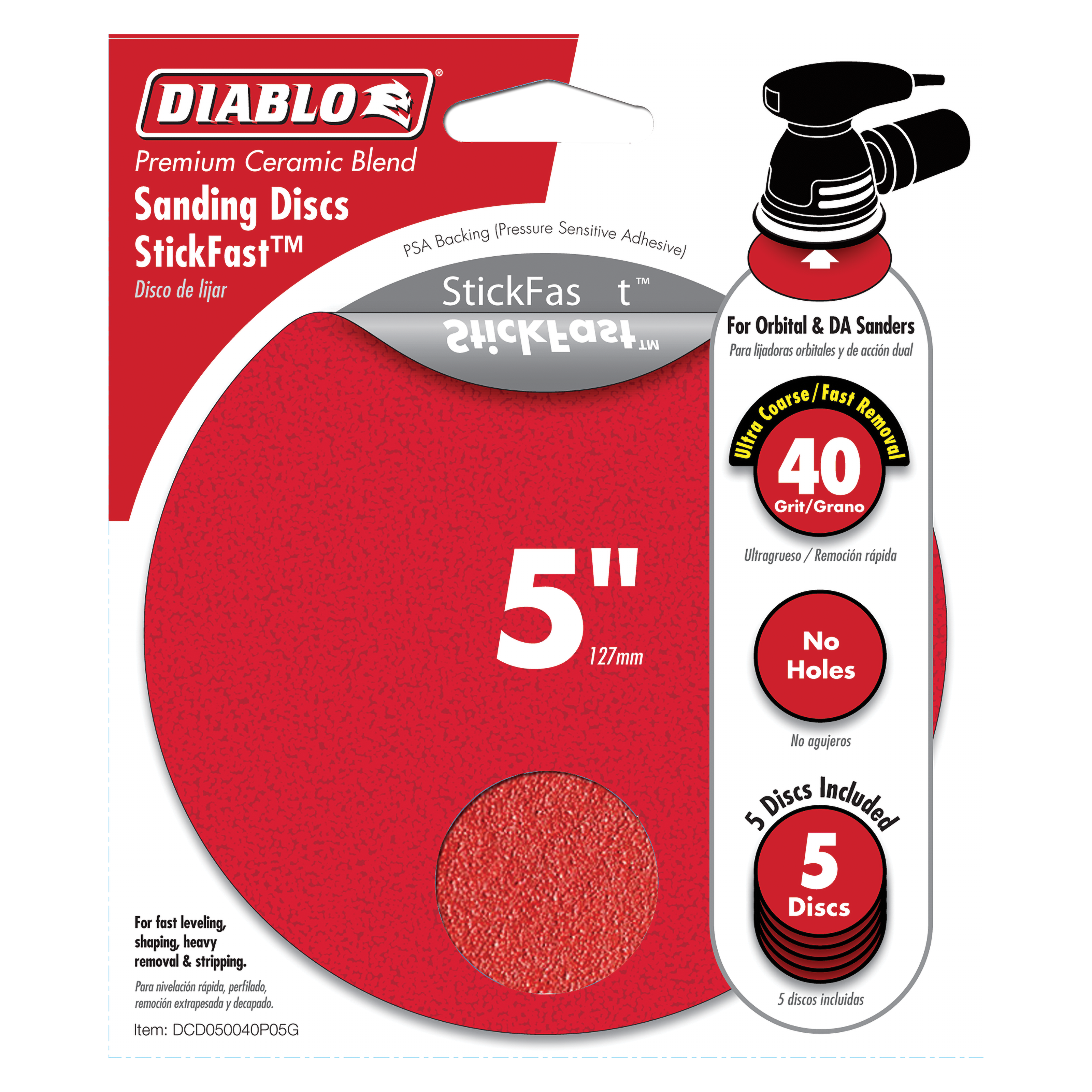 Five red 5-inch sanding discs with StickFast adhesive backing and 40-grit coarse texture for orbital sanders.