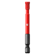 Red diamond grit hole saw with 1/4 inch shank and textured cutting head.