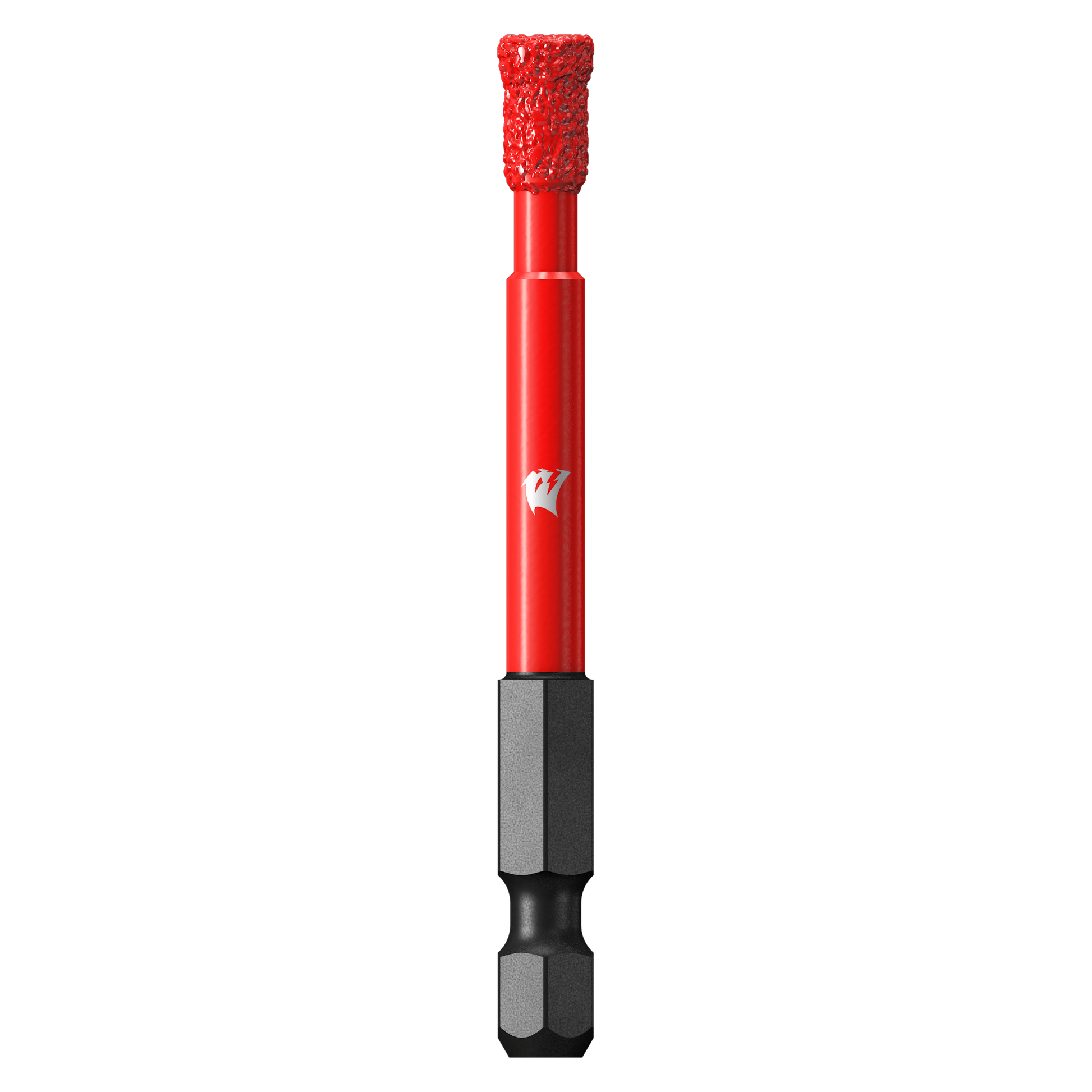 Red diamond grit hole saw with 1/4 inch shank and textured cutting head.