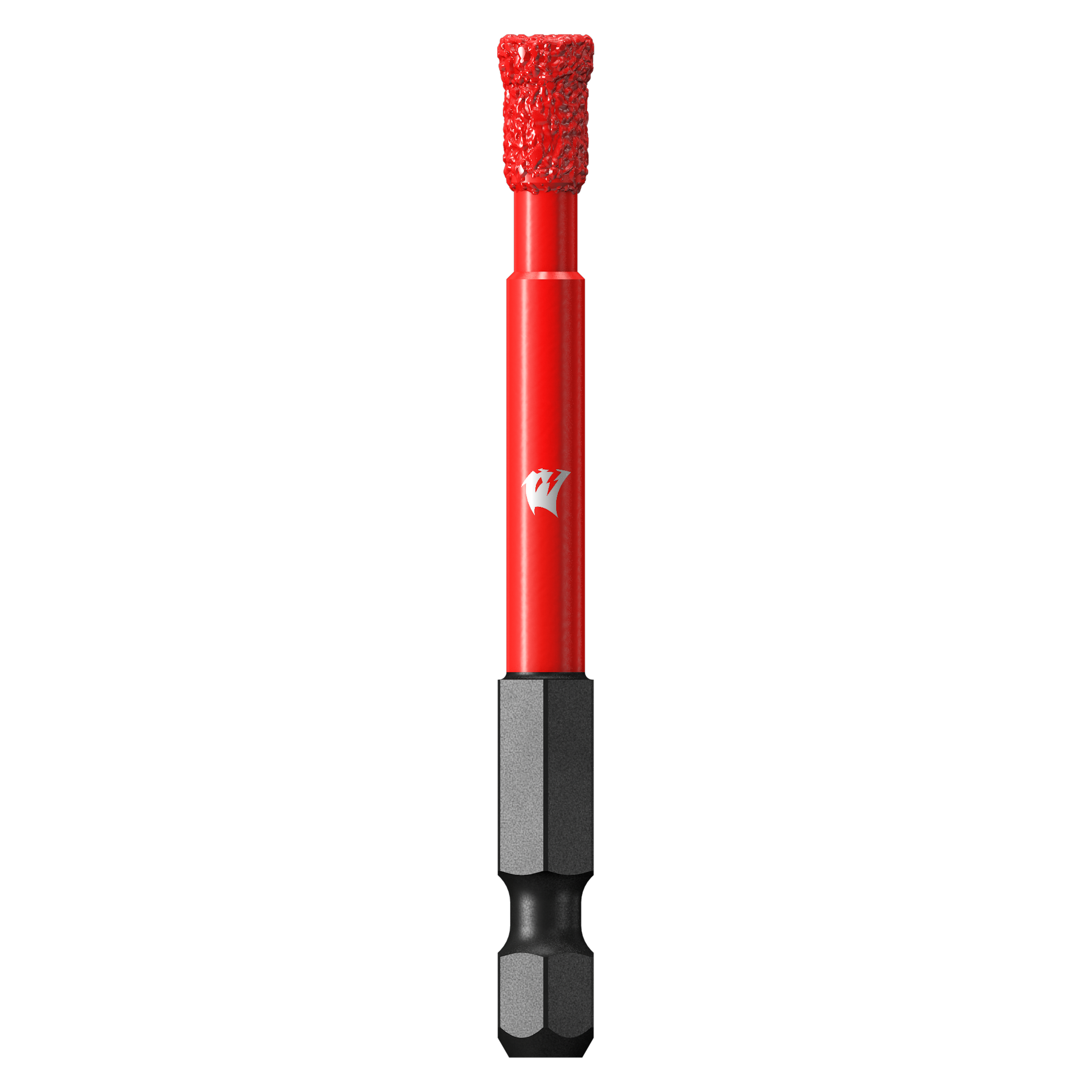 Red diamond grit hole saw with 1/4 inch shank and textured cutting head.