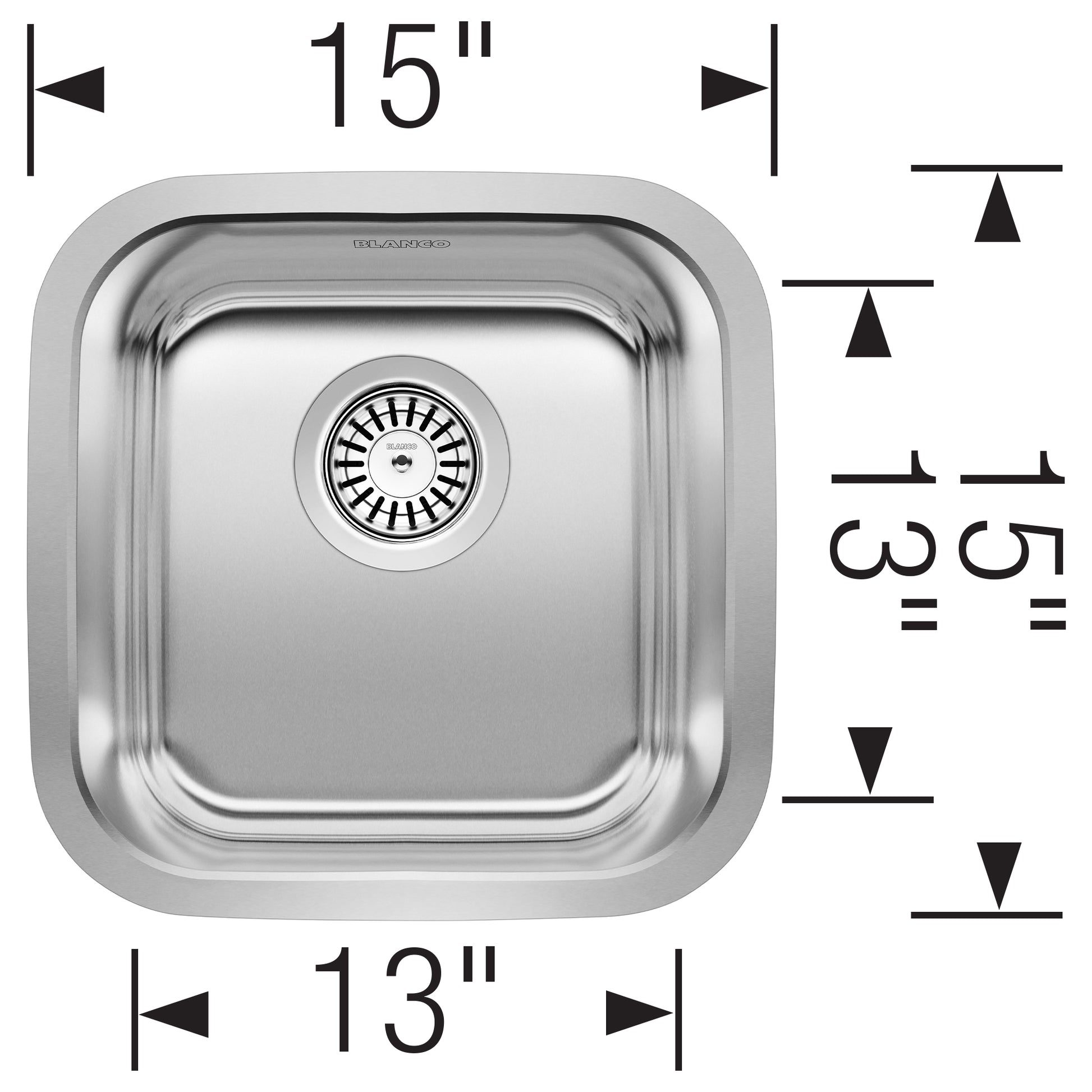 Stainless steel undermount bar sink bowl, 15" wide x 13" deep with strainer basket, top view with dimensions labeled.