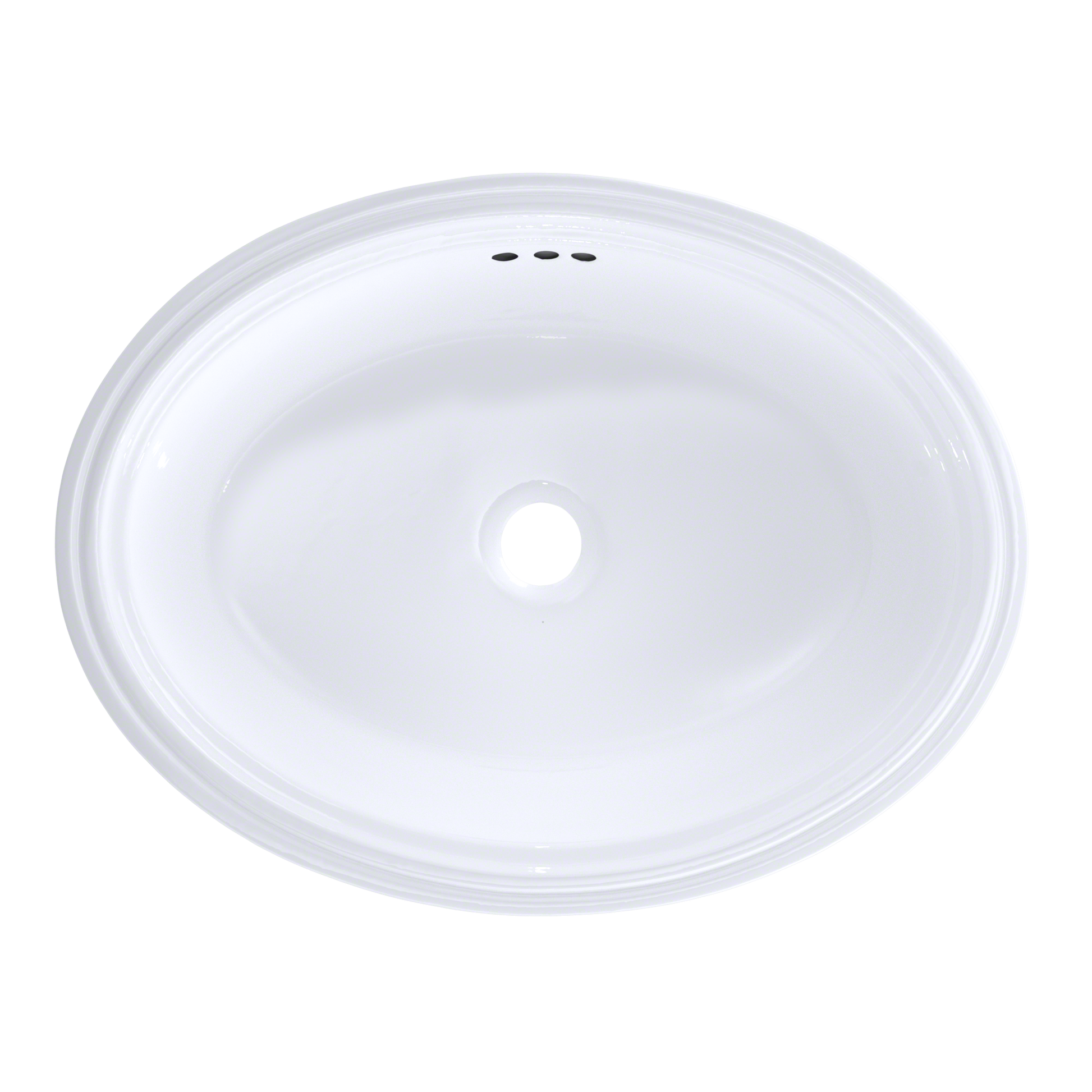 White oval undermount bathroom sink with single faucet hole, viewed from above.